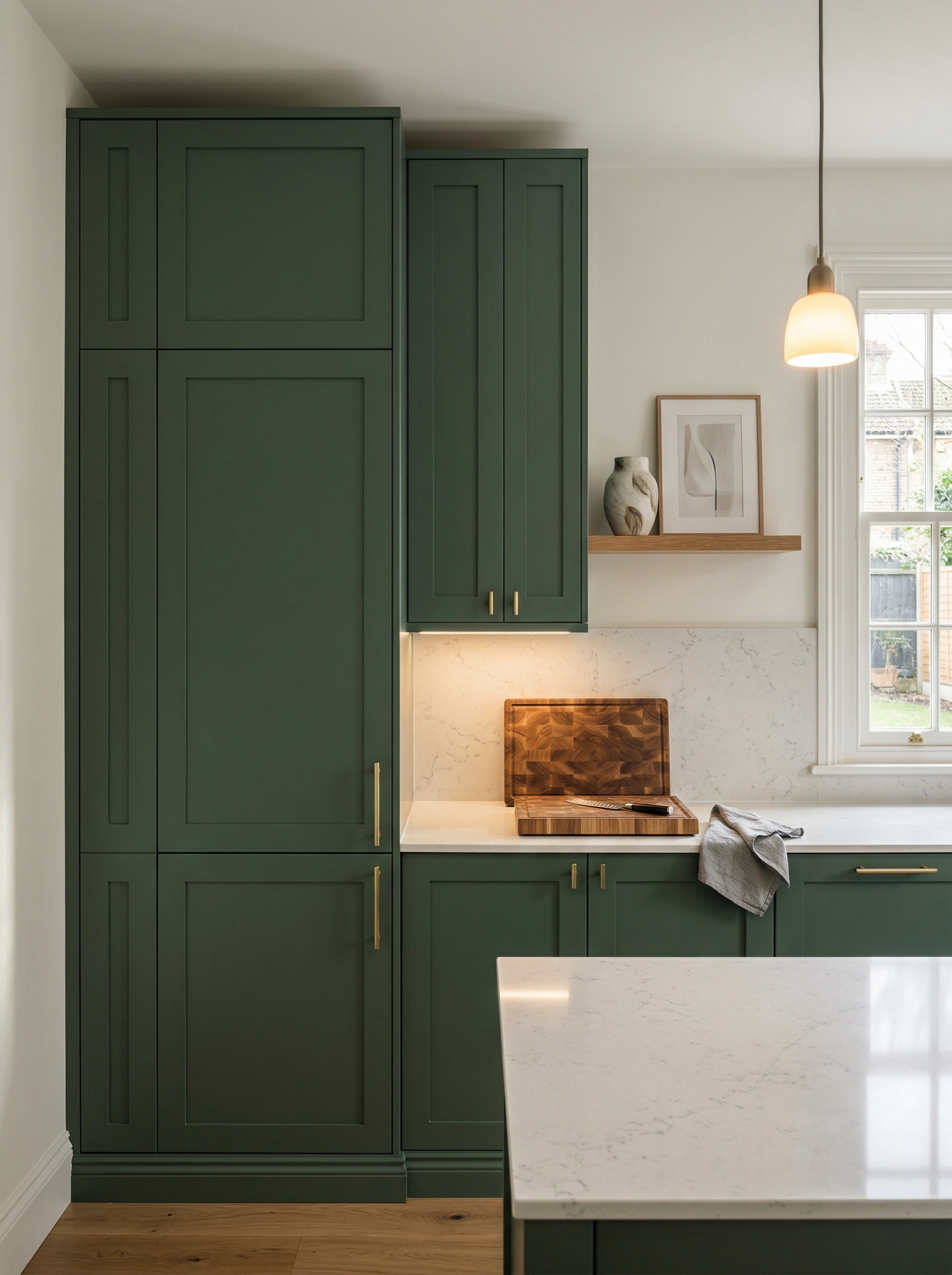 Tall view of full-height bespoke kitchen cabinetry, contemporary painted lay-on cabinetry
