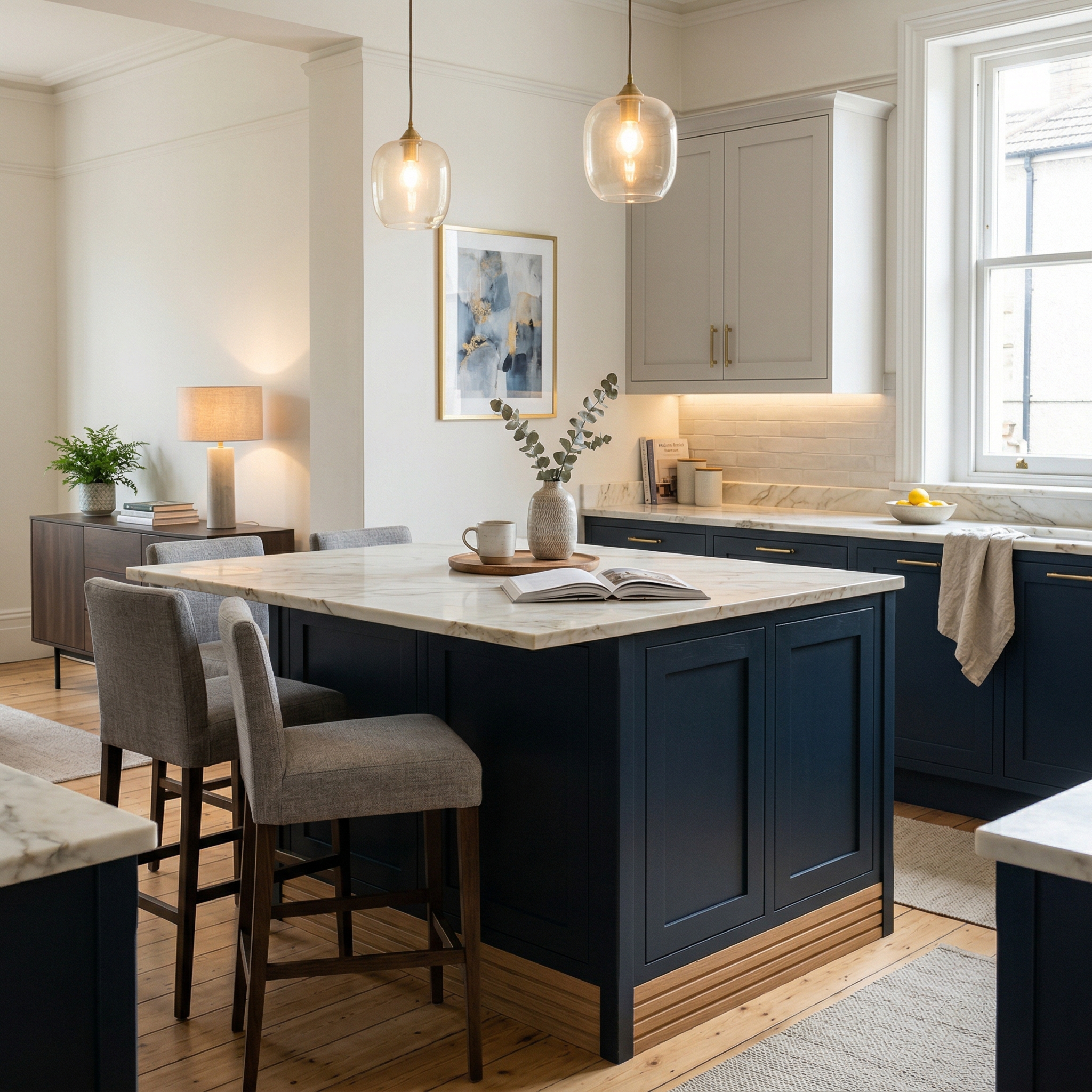 Bespoke kitchen island detail, contemporary painted lay-on cabinetry with quality joinery
