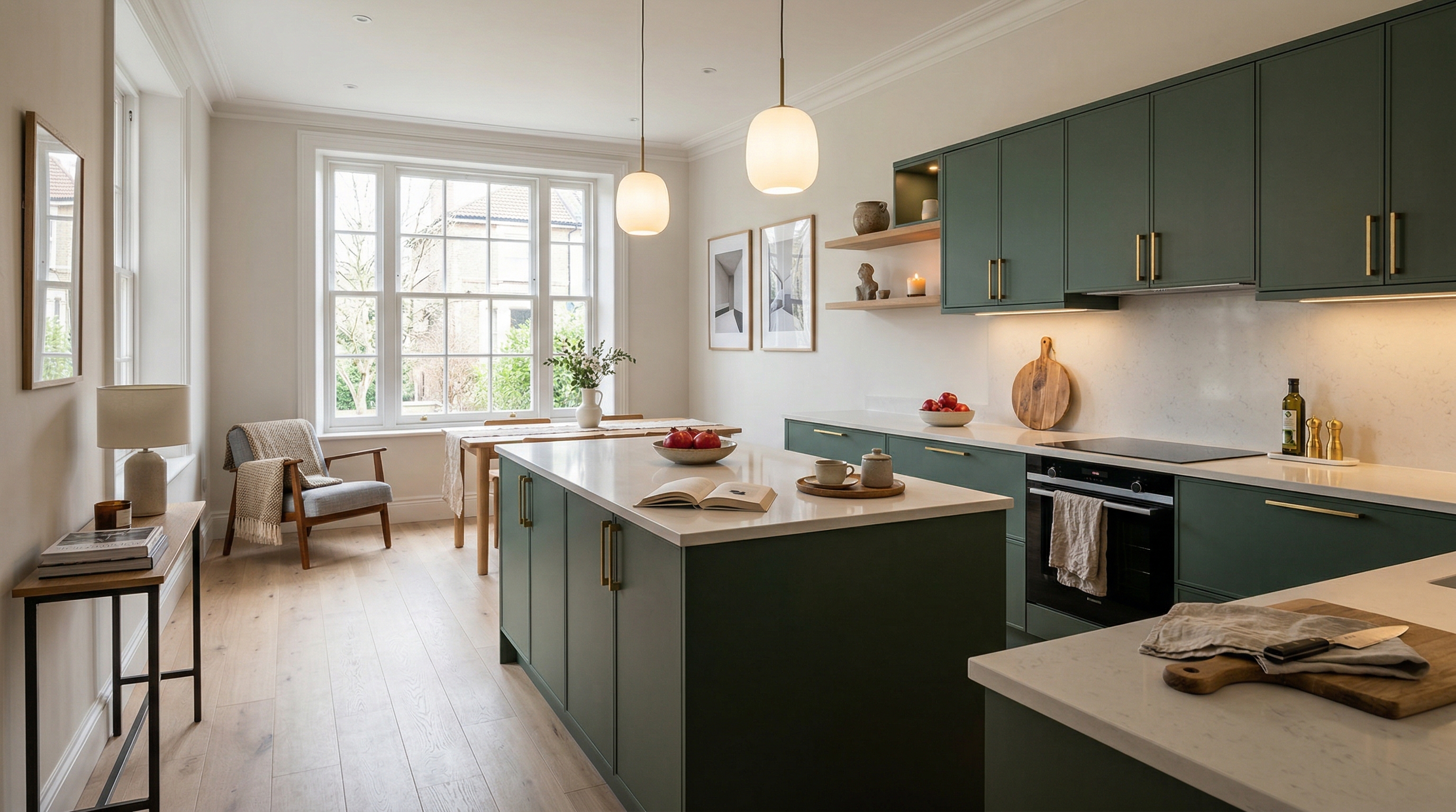 hero_1200x675 Wide view of a newly completed bespoke Mastercraft kitchen, contemporary painted lay-on cabinetry in graphite tones