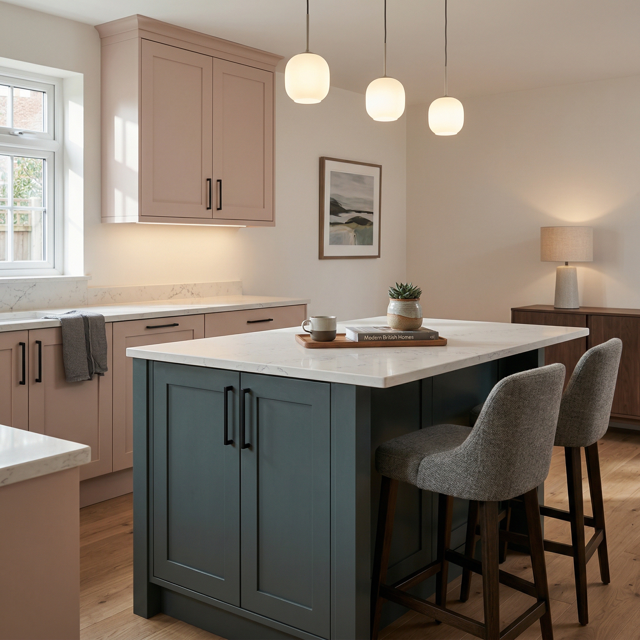 Bespoke kitchen island detail, contemporary painted lay-on cabinetry with quality joinery