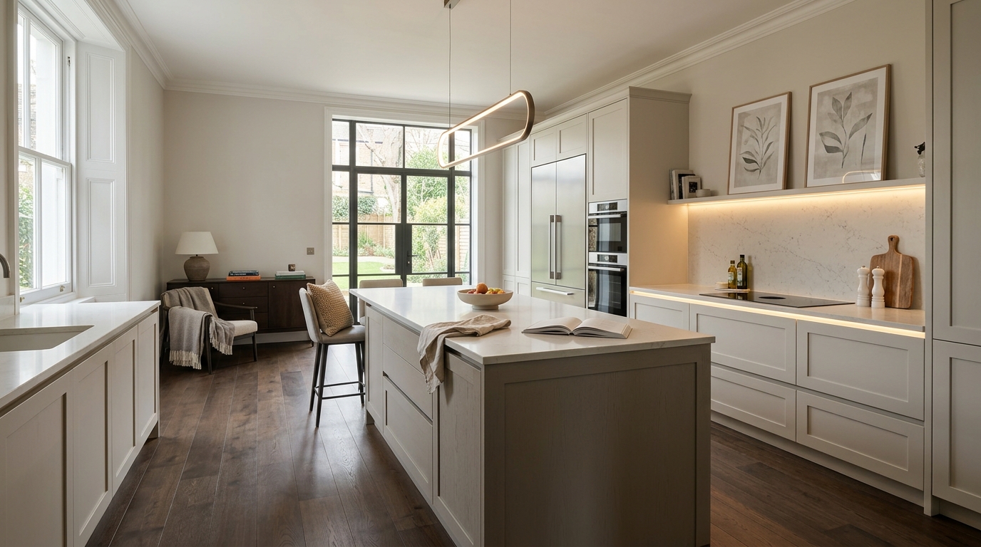 Wide view of a newly completed bespoke Mastercraft kitchen, timber veneer slab-door cabinetry in heritage green tones
