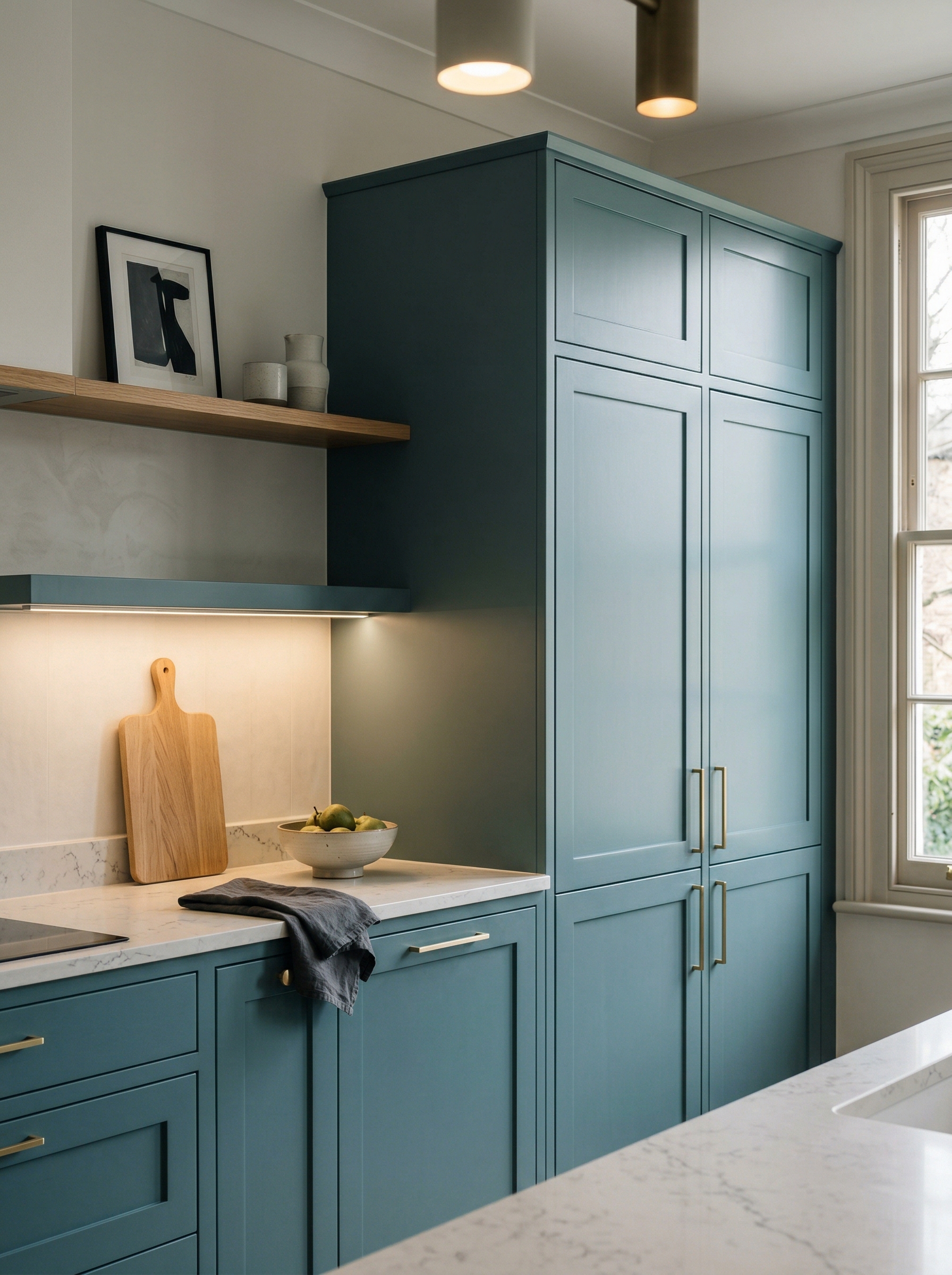 Tall view of full-height bespoke kitchen cabinetry, timber veneer slab-door cabinetry