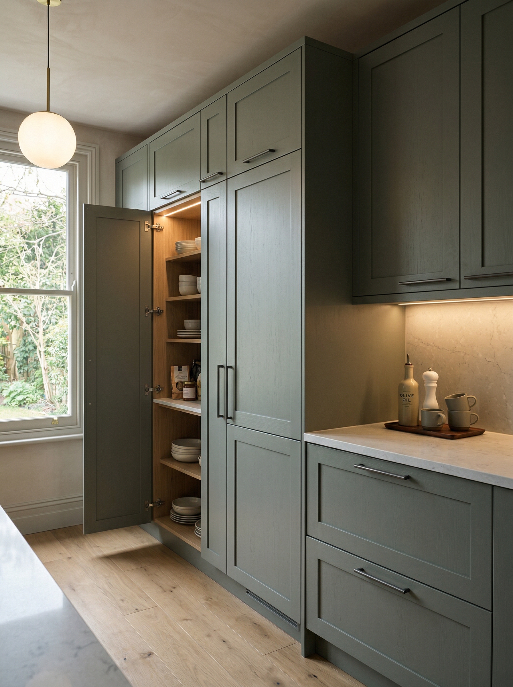 Bespoke kitchen installation, full-height cabinetry and considered storage design