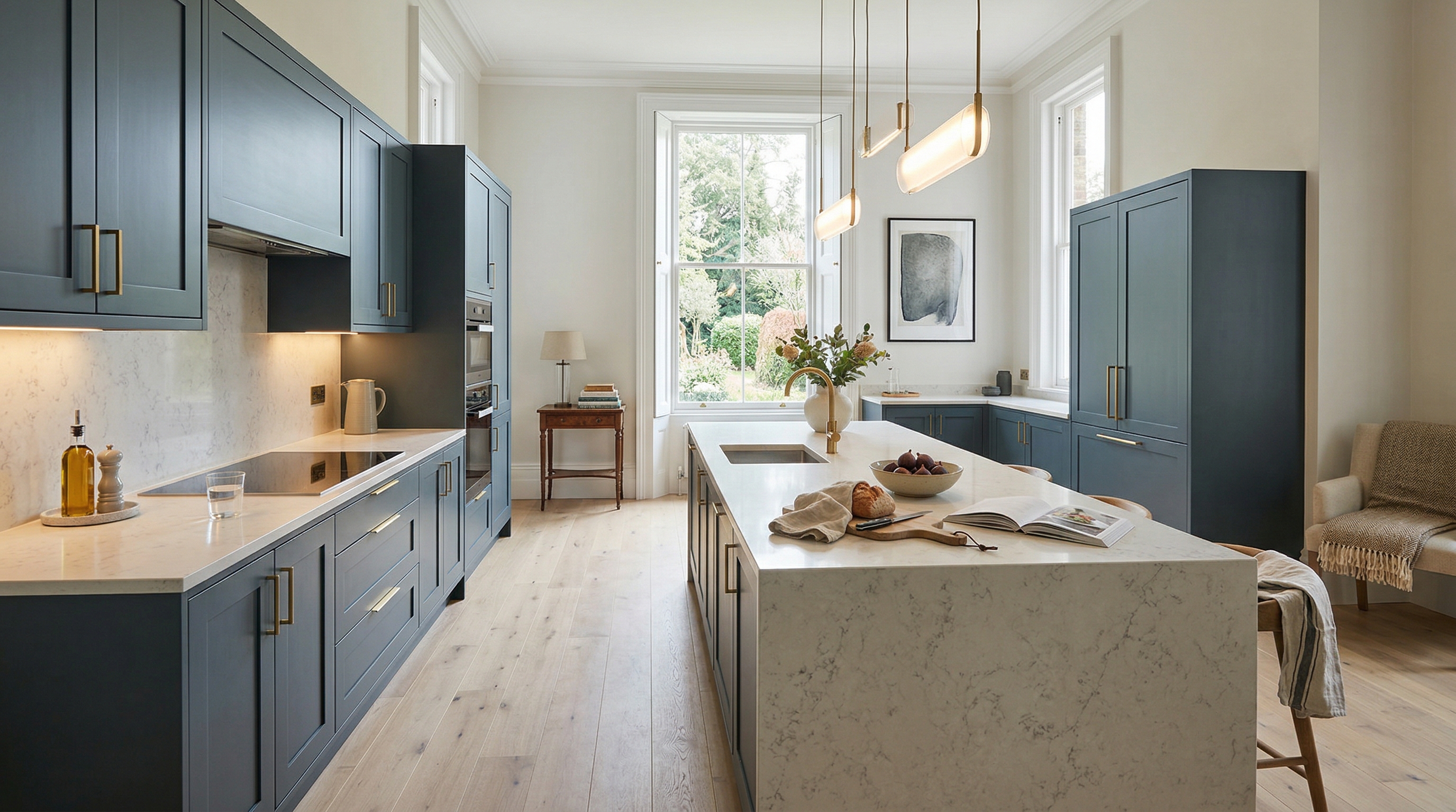 Wide view of a newly completed bespoke Mastercraft kitchen, matt painted handleless slab cabinetry in cannon black tones