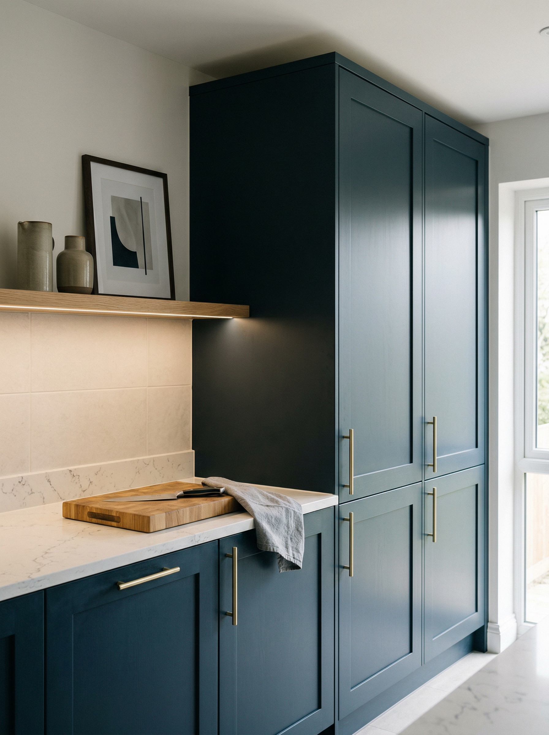 portrait1_600x800 Tall view of full-height bespoke kitchen cabinetry, matt painted handleless slab cabinetry