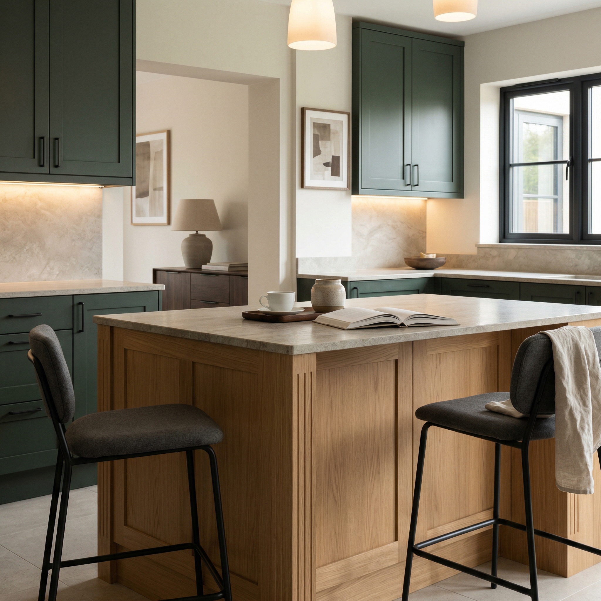 Bespoke kitchen island detail, matt painted handleless slab cabinetry with quality joinery