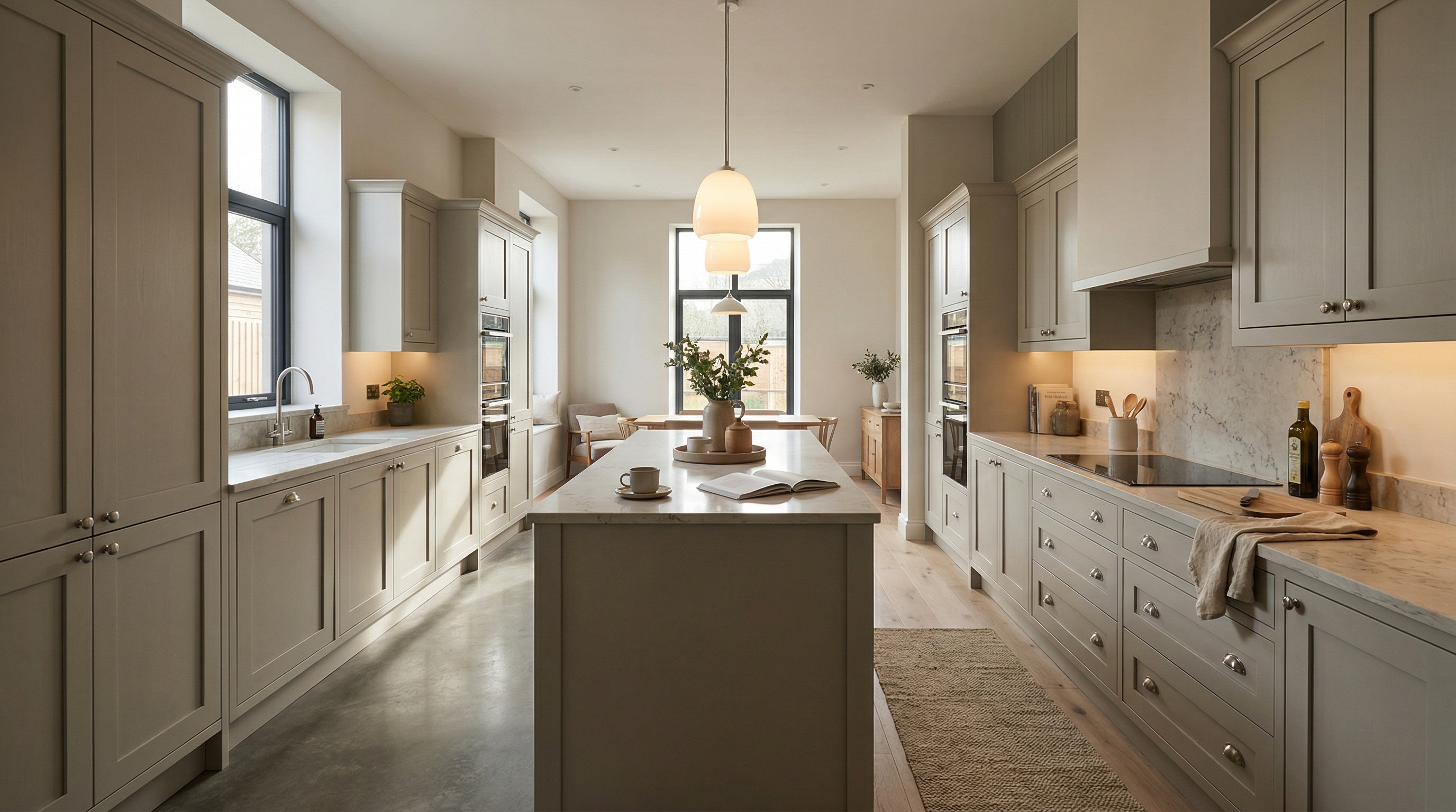 Wide view of a newly completed bespoke Mastercraft kitchen, matt painted handleless slab cabinetry in taupe grey tones