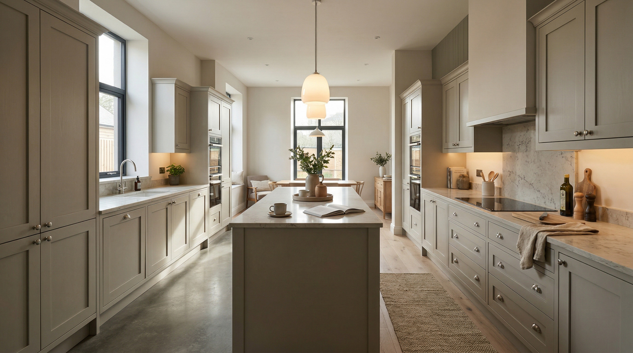 Wide view of a newly completed bespoke Mastercraft kitchen, matt painted handleless slab cabinetry in taupe grey tones