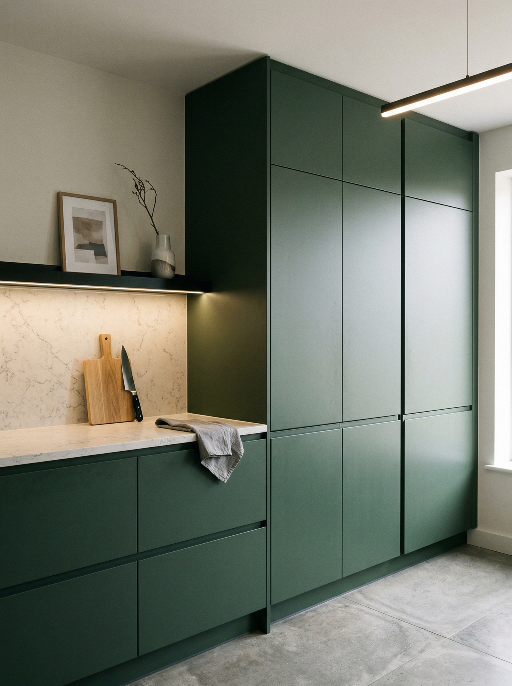 Tall view of full-height bespoke kitchen cabinetry, matt painted handleless slab cabinetry