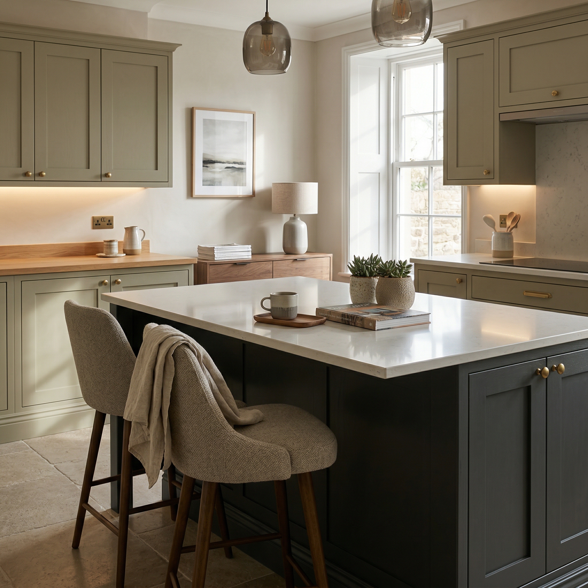 Bespoke kitchen island detail, matt painted handleless slab cabinetry with quality joinery