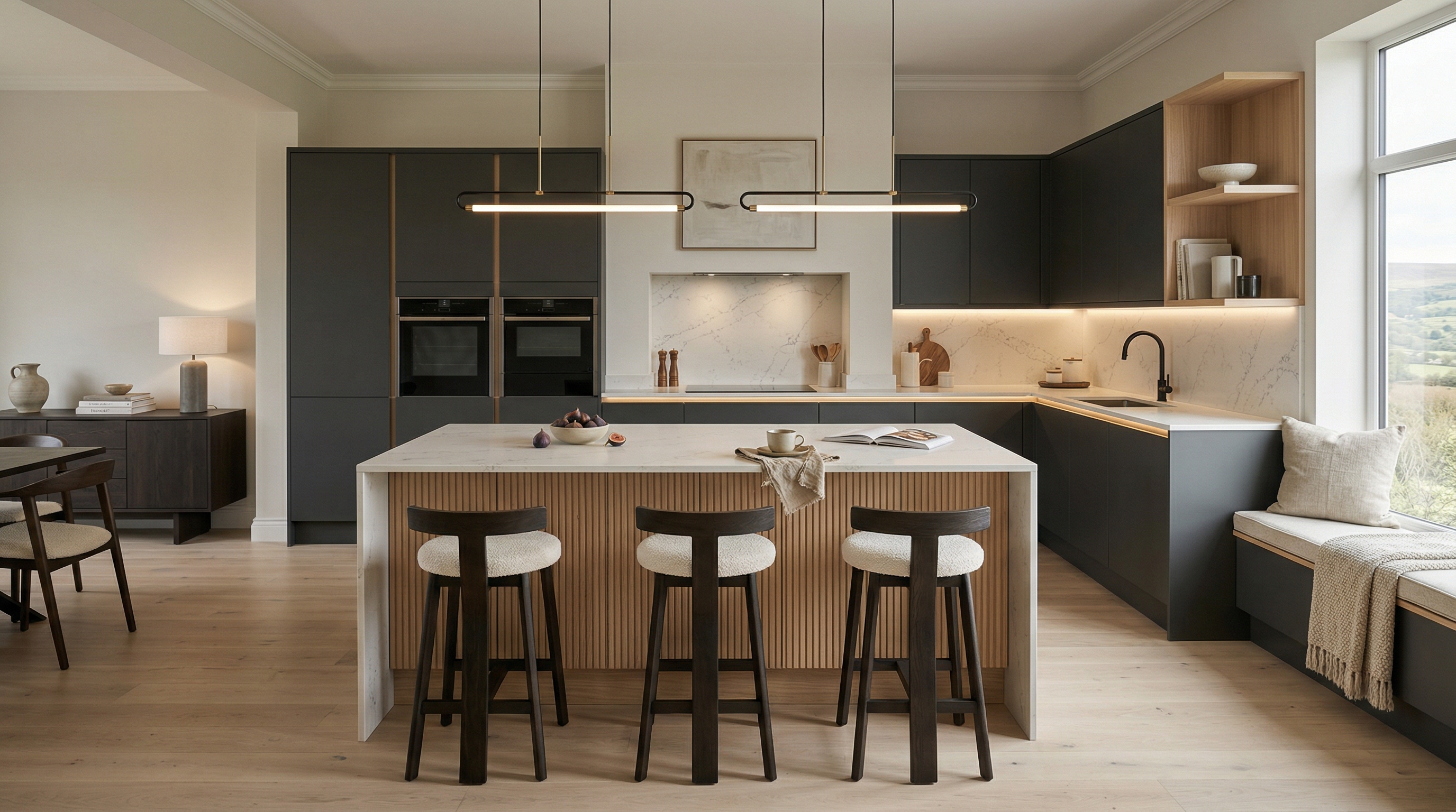 Wide view of a newly completed bespoke Mastercraft kitchen, contemporary painted lay-on cabinetry in light grey tones