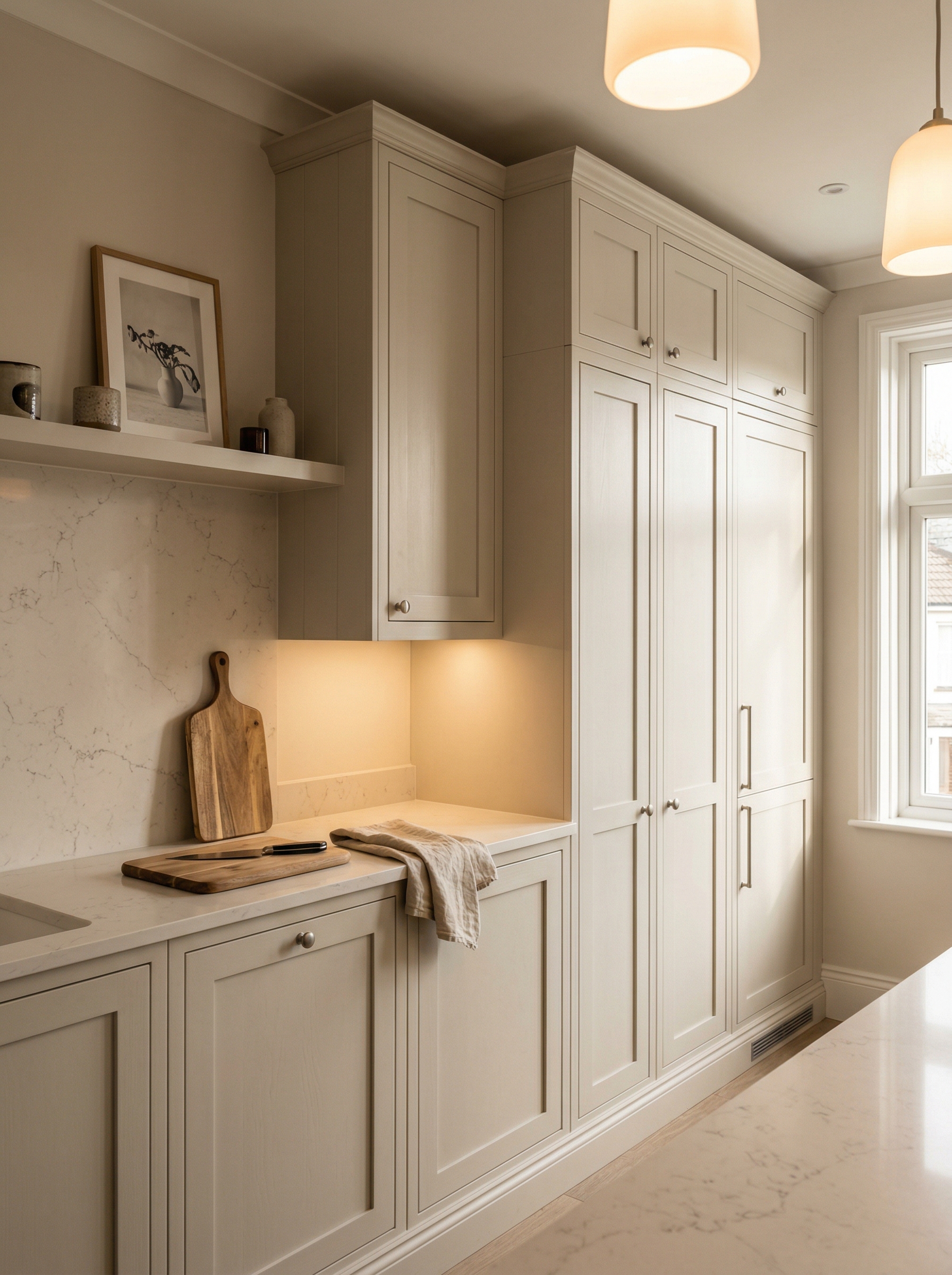 Tall view of full-height bespoke kitchen cabinetry, contemporary painted lay-on cabinetry