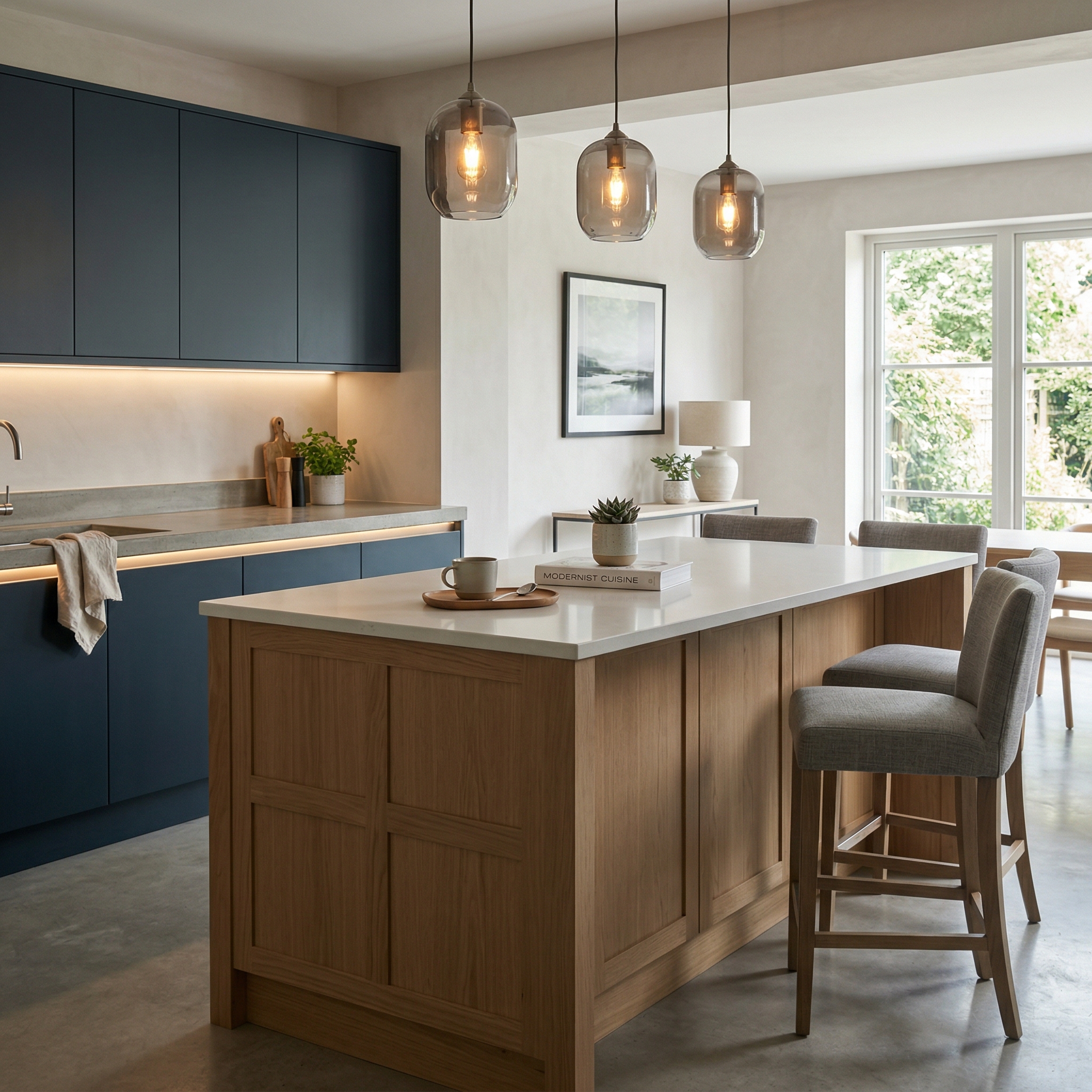 Bespoke kitchen island detail, contemporary painted lay-on cabinetry with quality joinery