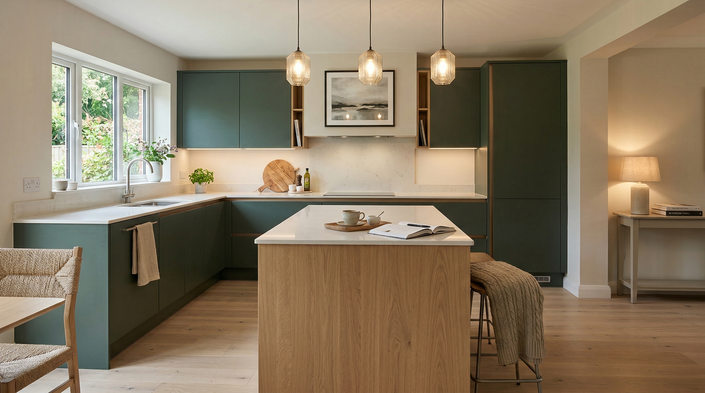 Mastercraft bespoke kitchen in Blandford Forum, wide architectural view showing room volume and design quality