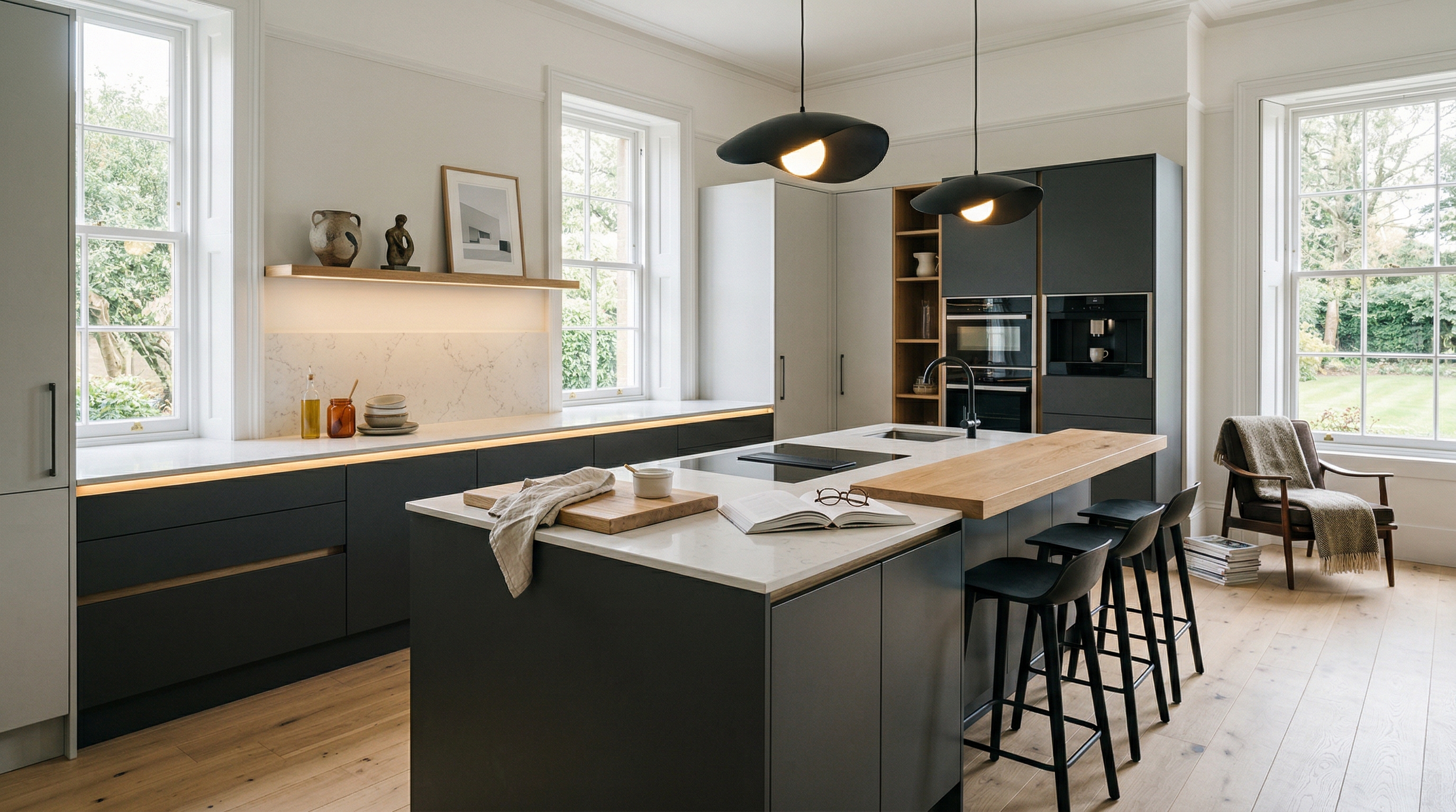 Wide view of a newly completed bespoke Mastercraft kitchen, matt painted handleless slab cabinetry in willow tones