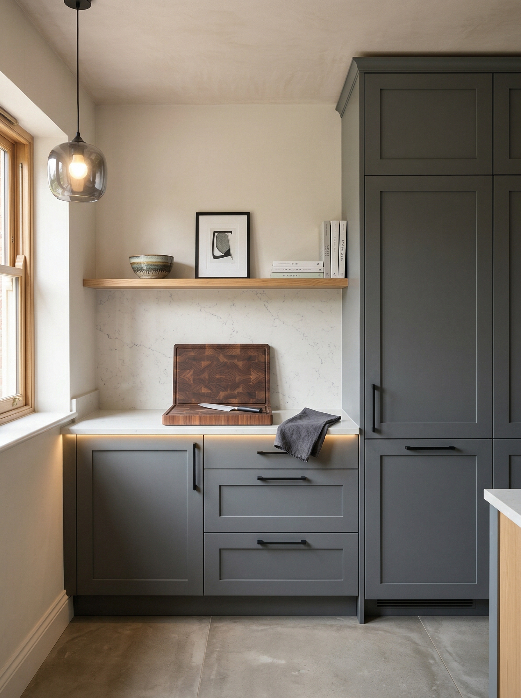 portrait1_600x800 Tall view of full-height bespoke kitchen cabinetry, matt painted handleless slab cabinetry