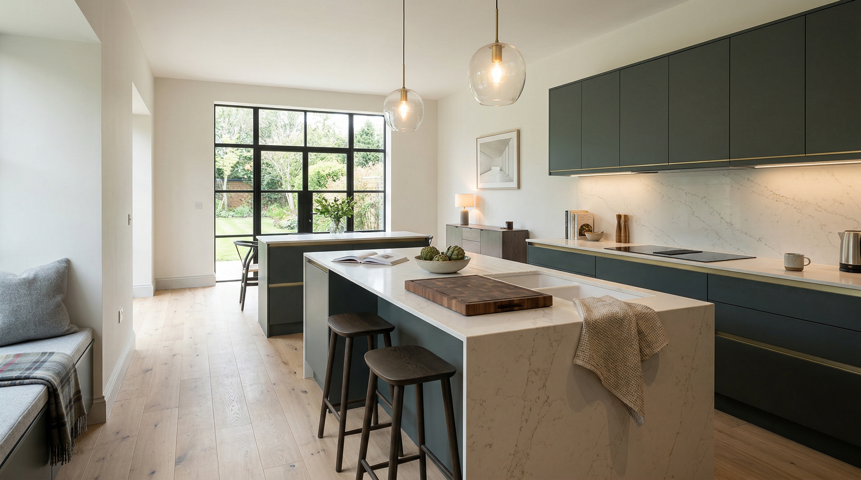 Wide view of a newly completed bespoke Mastercraft kitchen, contemporary in-frame cabinetry in light grey tones