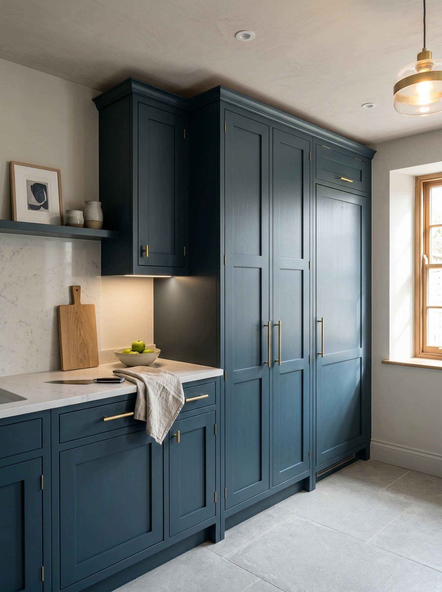 Tall view of full-height bespoke kitchen cabinetry, contemporary in-frame cabinetry