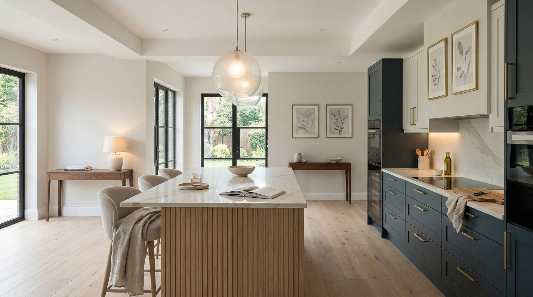 Wide view of a newly completed bespoke Mastercraft kitchen, timber veneer slab-door cabinetry in sage green tones