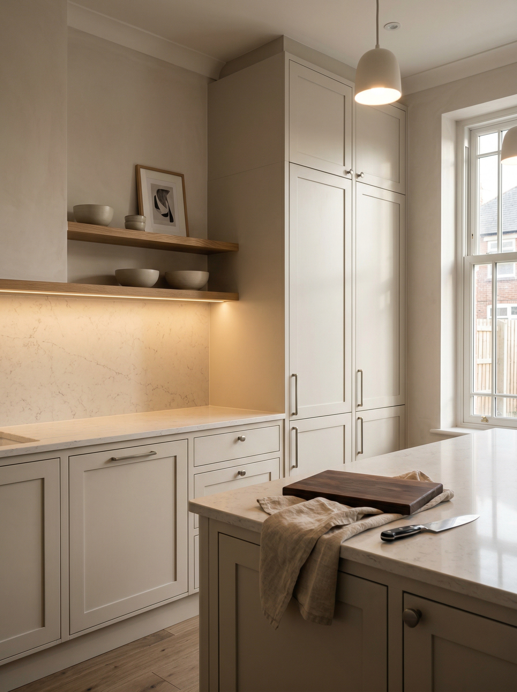 Tall view of full-height bespoke kitchen cabinetry, timber veneer slab-door cabinetry