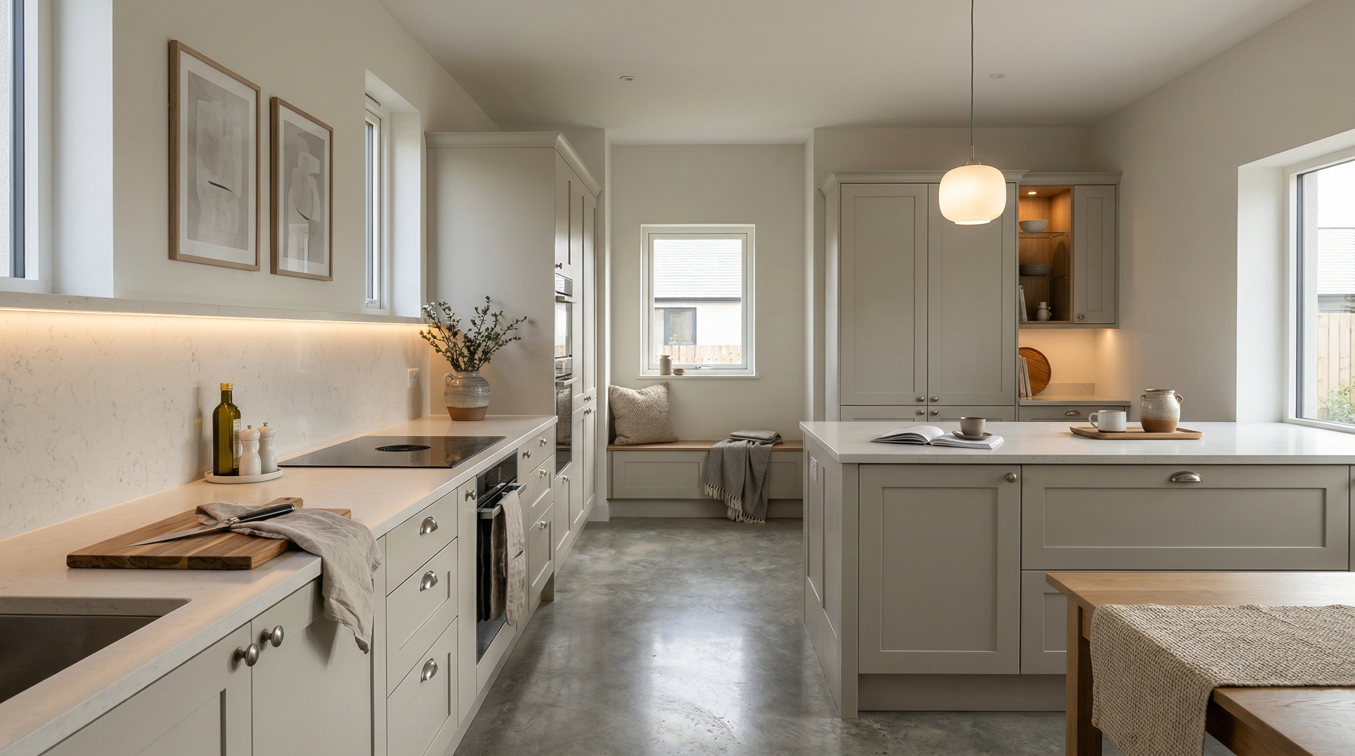 hero_1200x675 Wide view of a newly completed bespoke Mastercraft kitchen, modern shaker cabinetry in heritage green tones