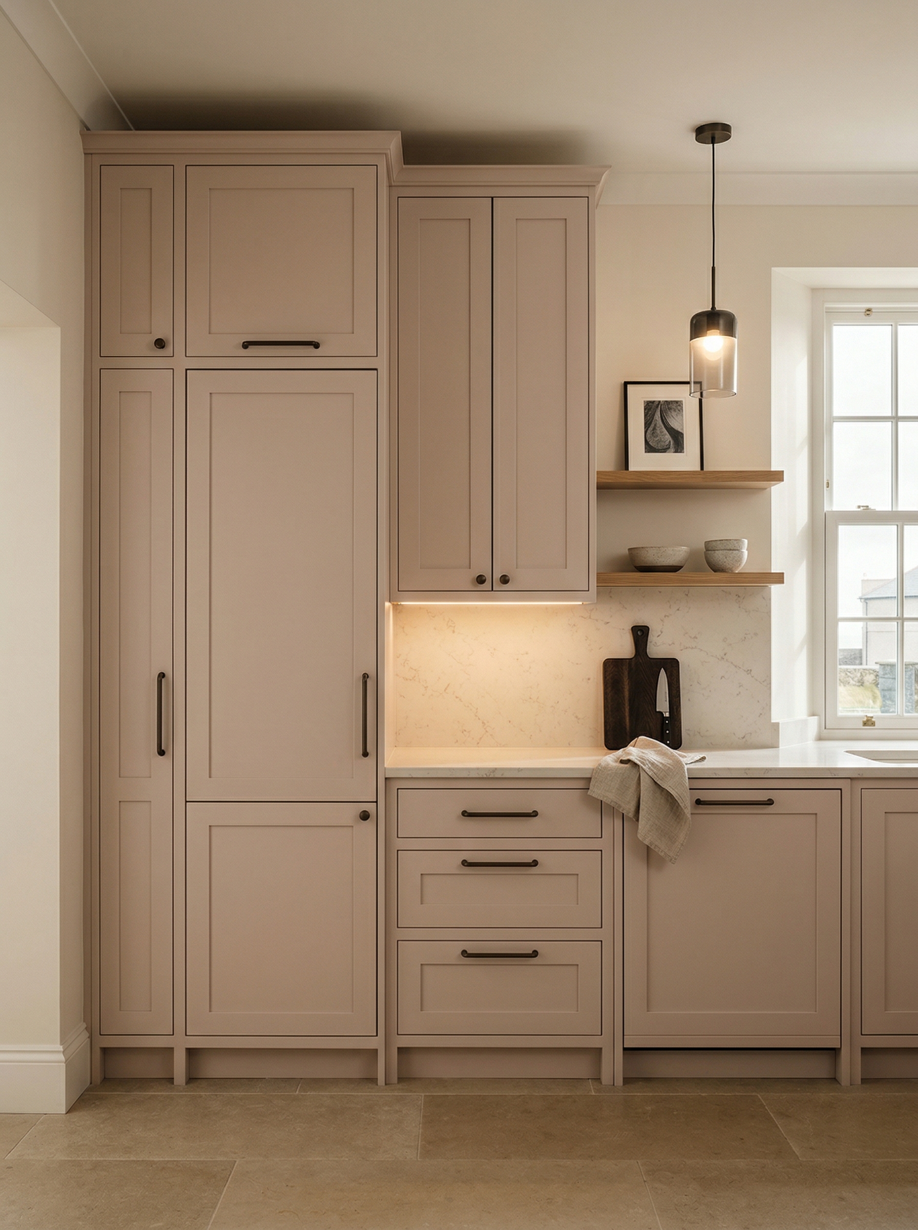 Tall view of full-height bespoke kitchen cabinetry, modern shaker cabinetry