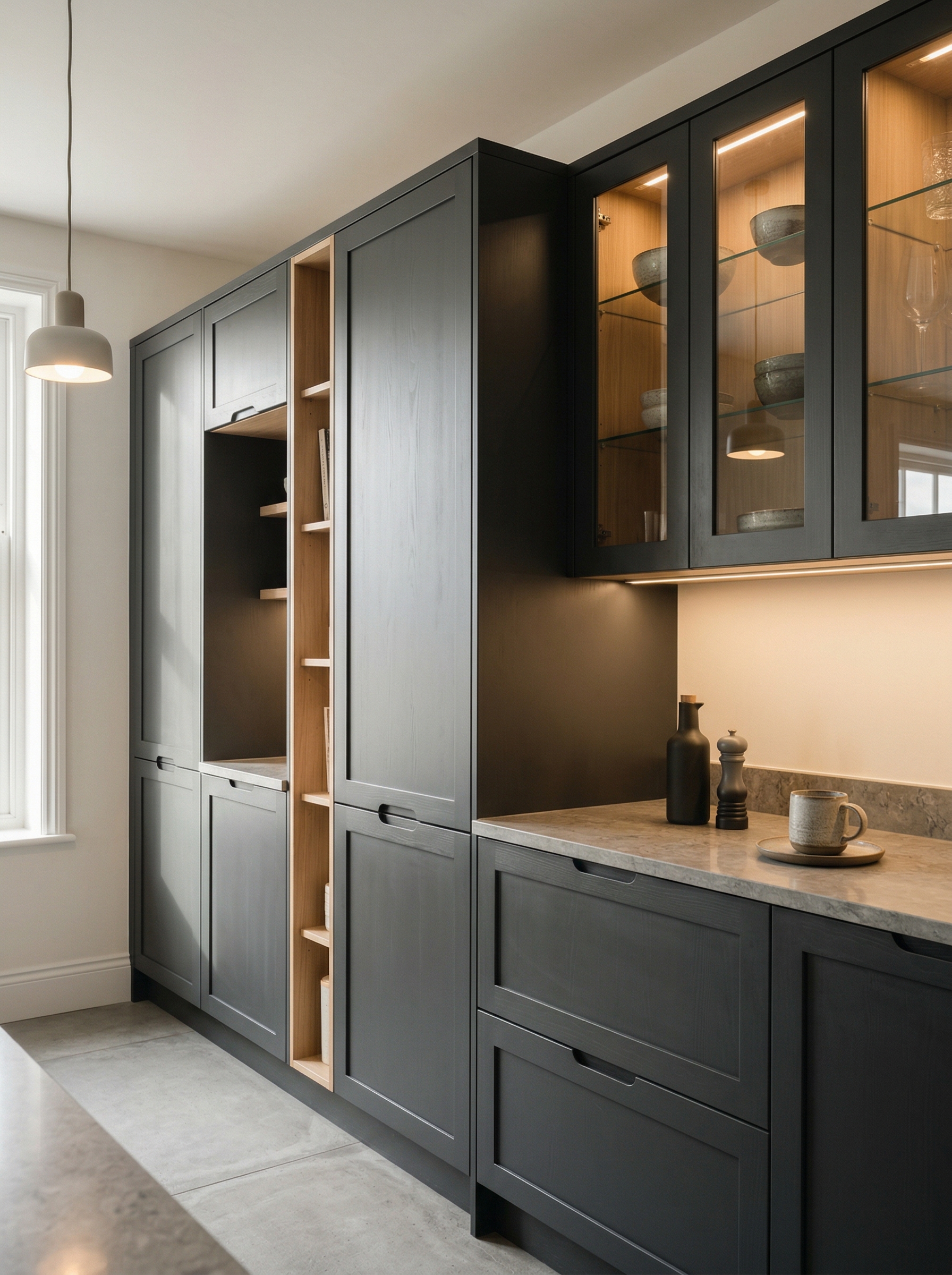 Bespoke kitchen installation, full-height cabinetry and considered storage design