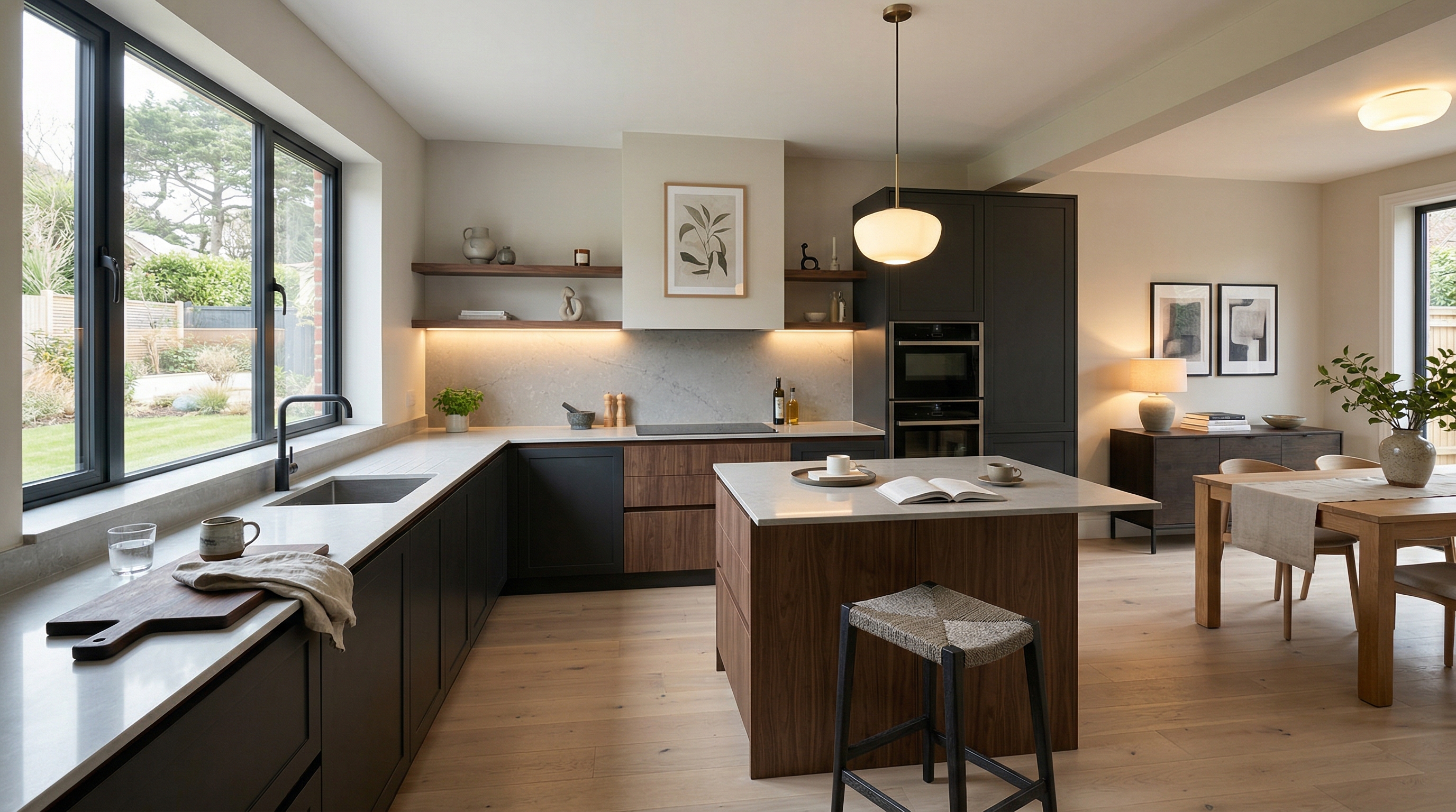 Mastercraft bespoke kitchen in Bournemouth, wide architectural view showing room volume and design quality