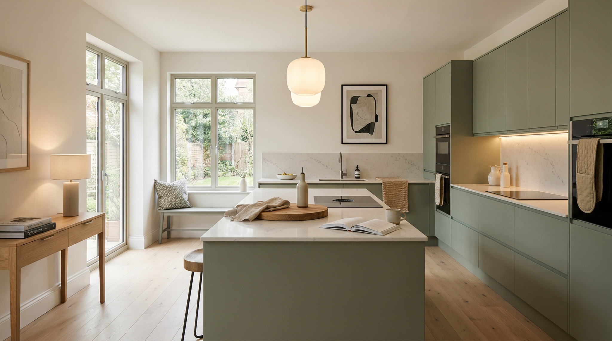 Wide view of a newly completed bespoke Mastercraft kitchen, contemporary painted lay-on cabinetry in sage green tones