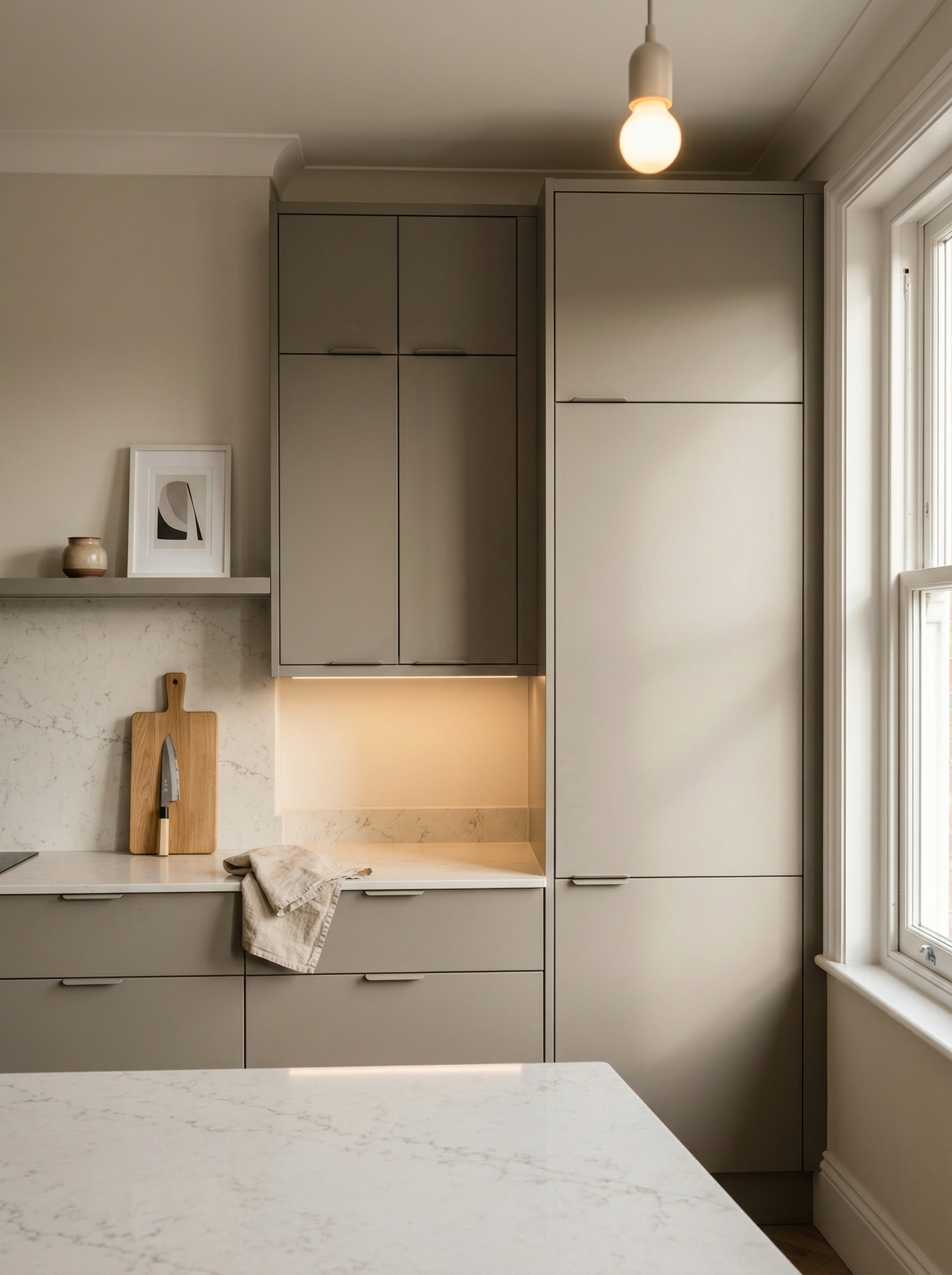 Tall view of full-height bespoke kitchen cabinetry, contemporary painted lay-on cabinetry