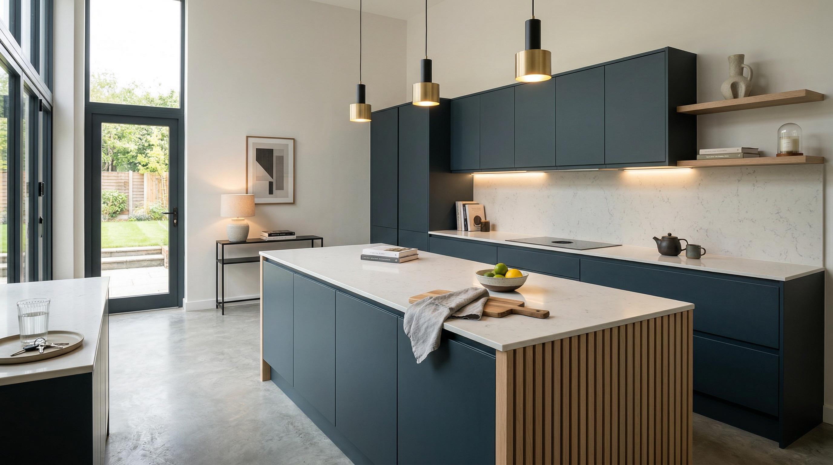 hero_1200x675 Wide view of a newly completed bespoke Mastercraft kitchen, matt painted handleless slab cabinetry in heritage green tones