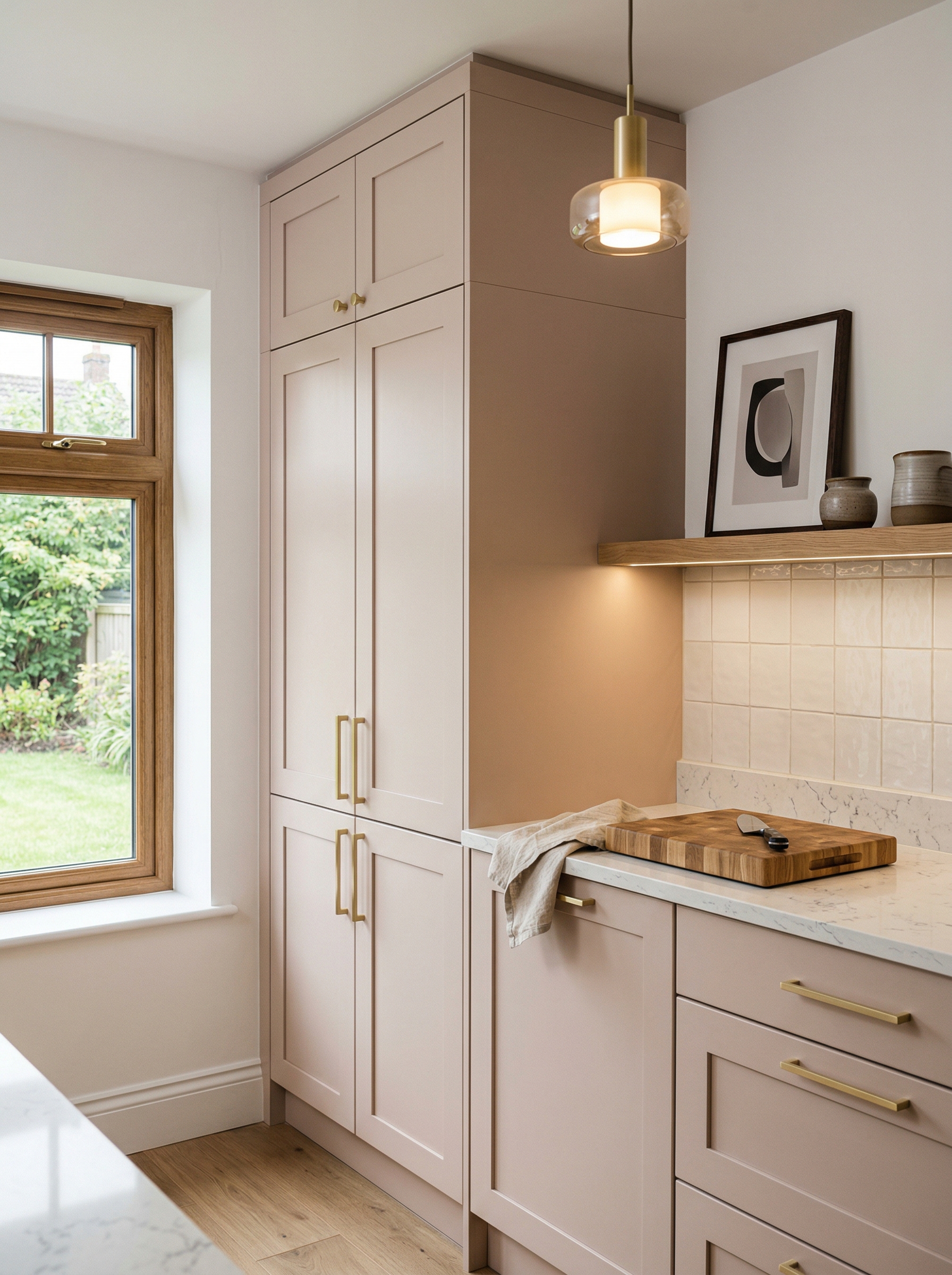Tall view of full-height bespoke kitchen cabinetry, matt painted handleless slab cabinetry
