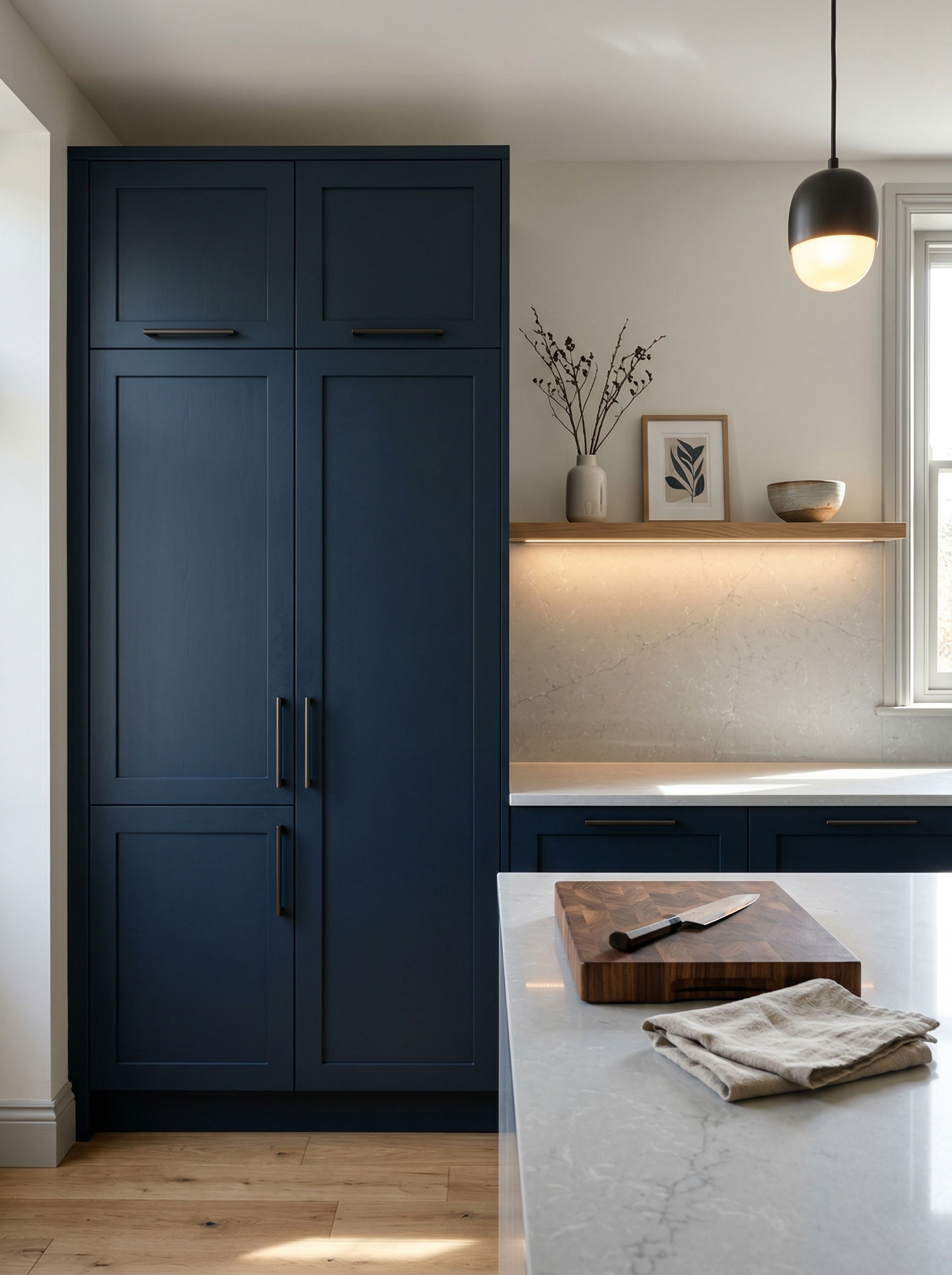 Tall view of full-height bespoke kitchen cabinetry, matt painted handleless slab cabinetry
