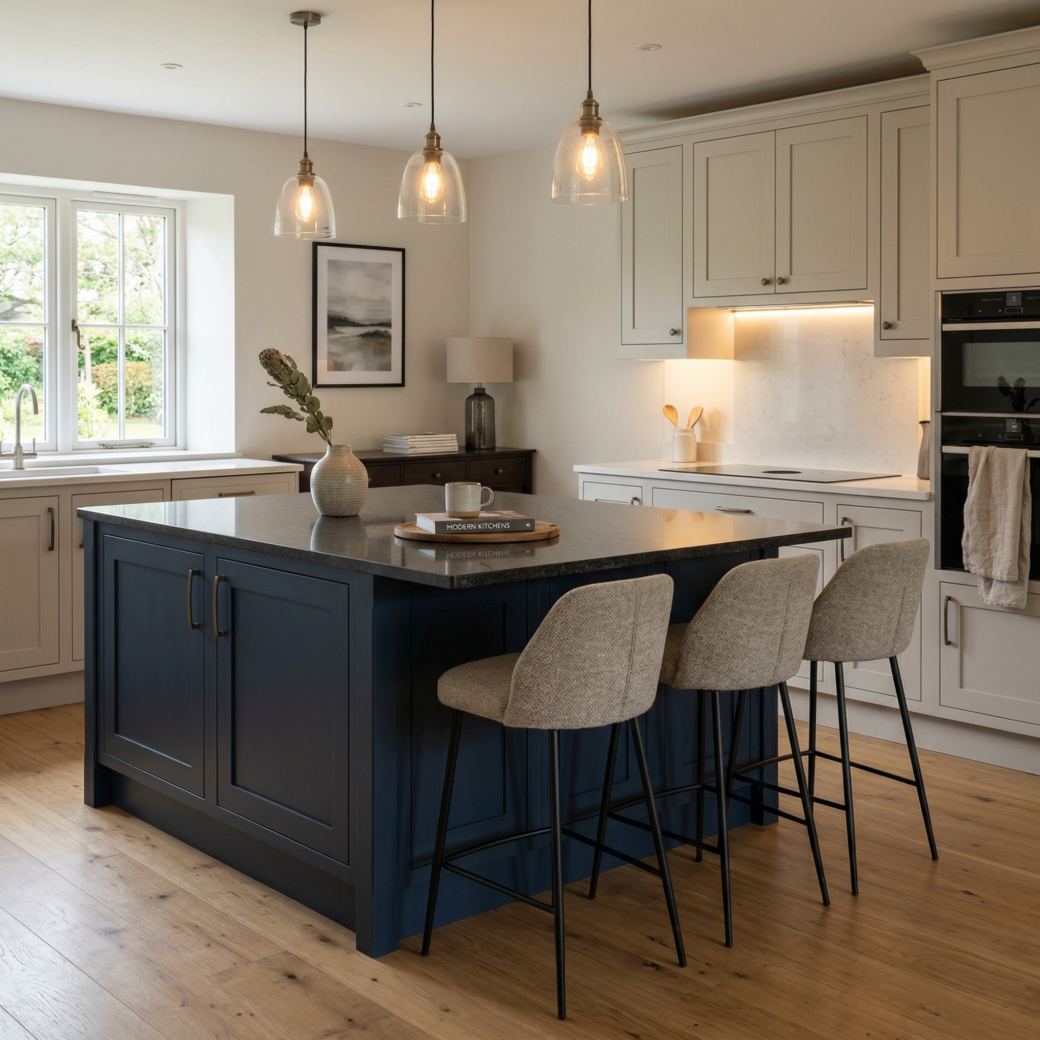 Bespoke kitchen island detail, matt painted handleless slab cabinetry with quality joinery