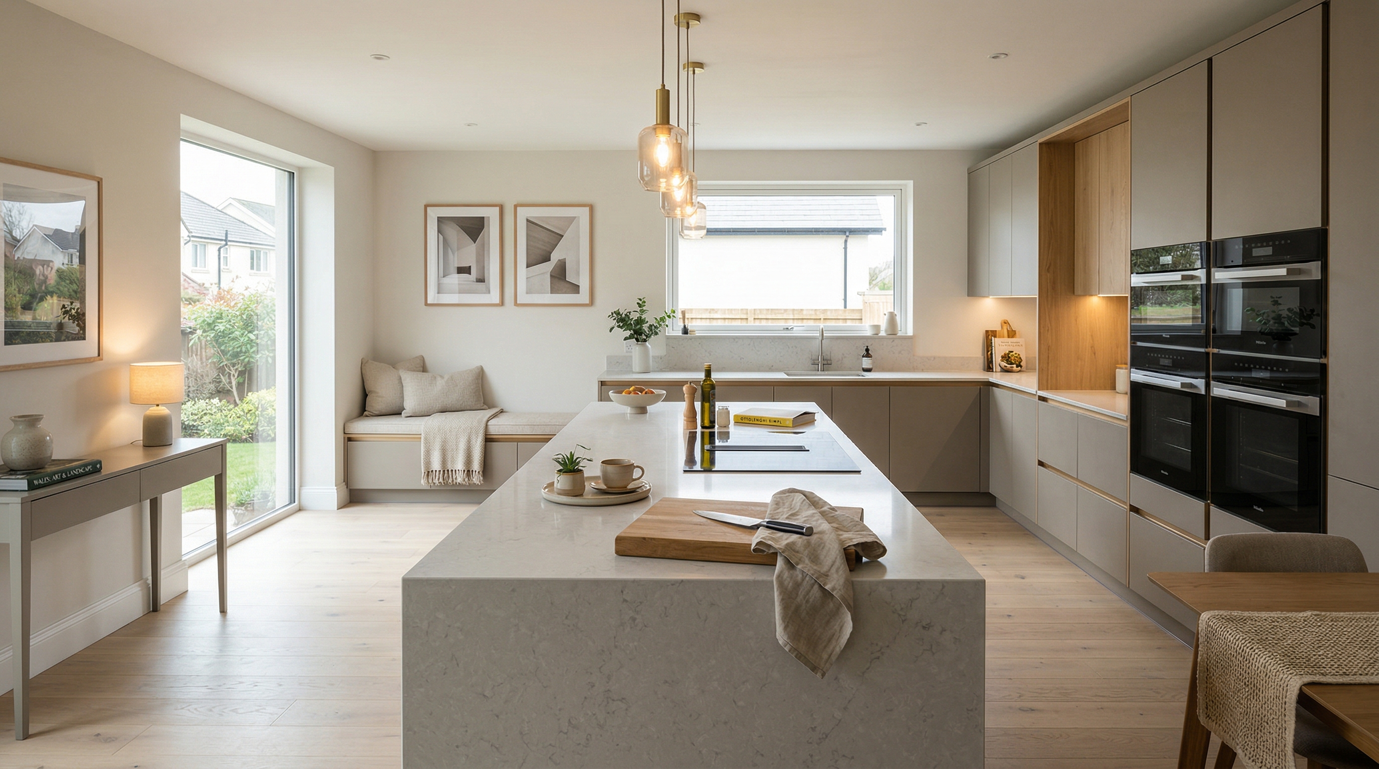 Mastercraft bespoke kitchen in Bridgend, wide architectural view showing room volume and design quality