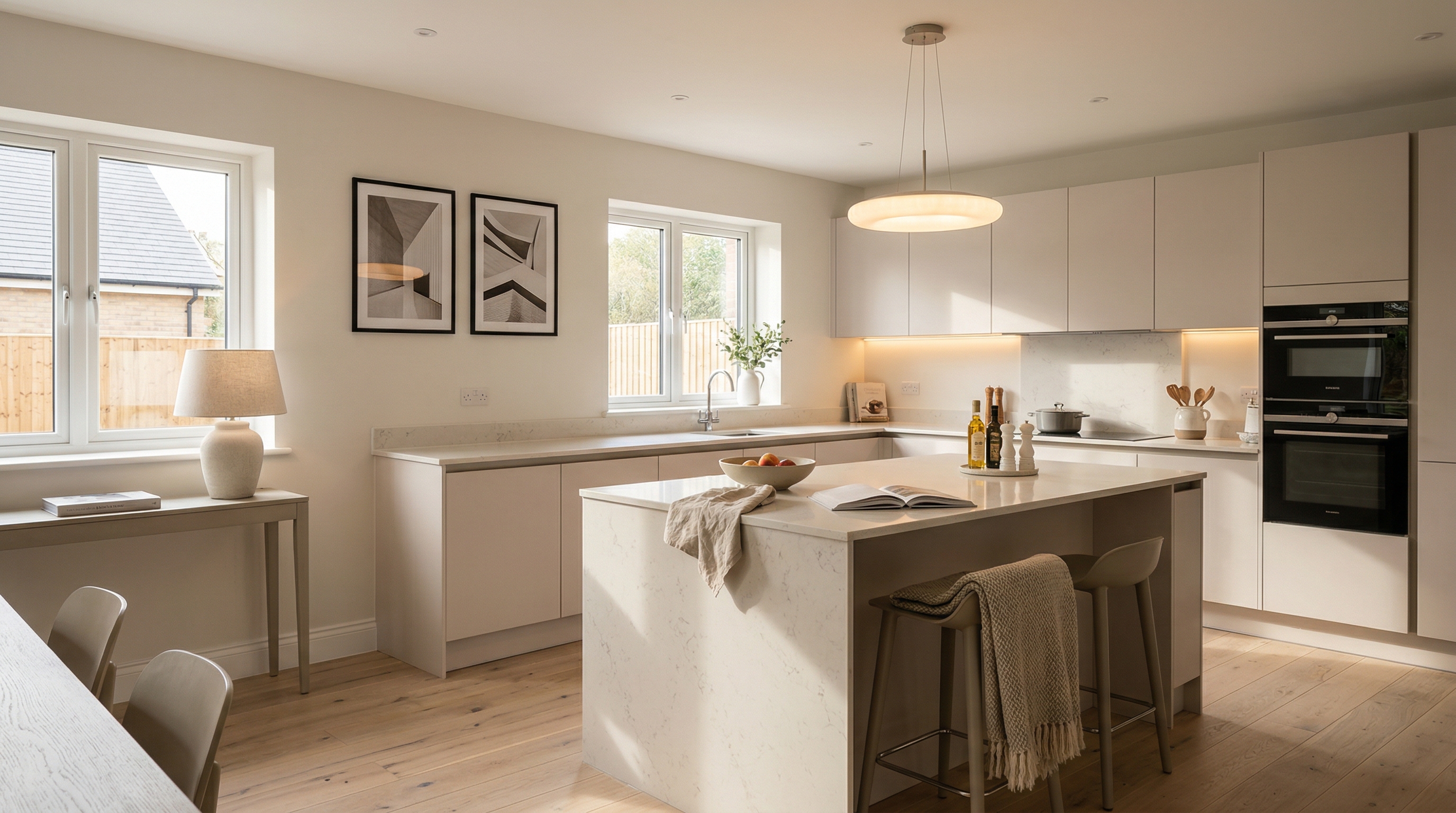 Wide view of a newly completed bespoke Mastercraft kitchen, timber veneer slab-door cabinetry in cardamom tones