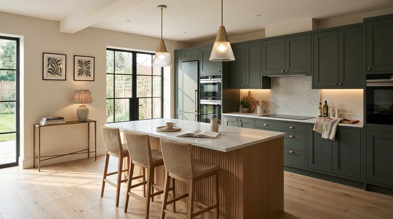 Wide view of a newly completed bespoke Mastercraft kitchen, timber veneer slab-door cabinetry in reed green tones