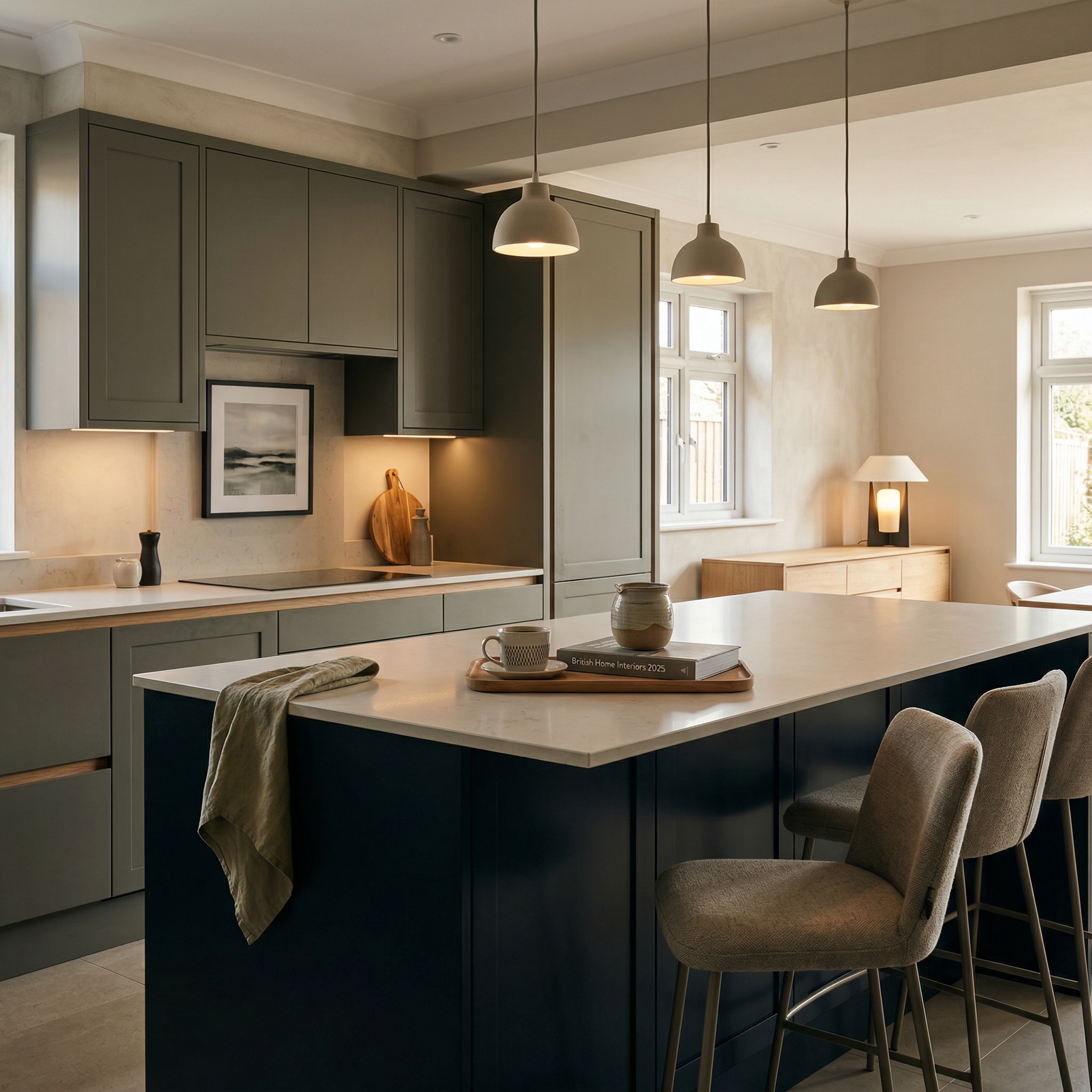 Bespoke kitchen island detail, timber veneer slab-door cabinetry with quality joinery