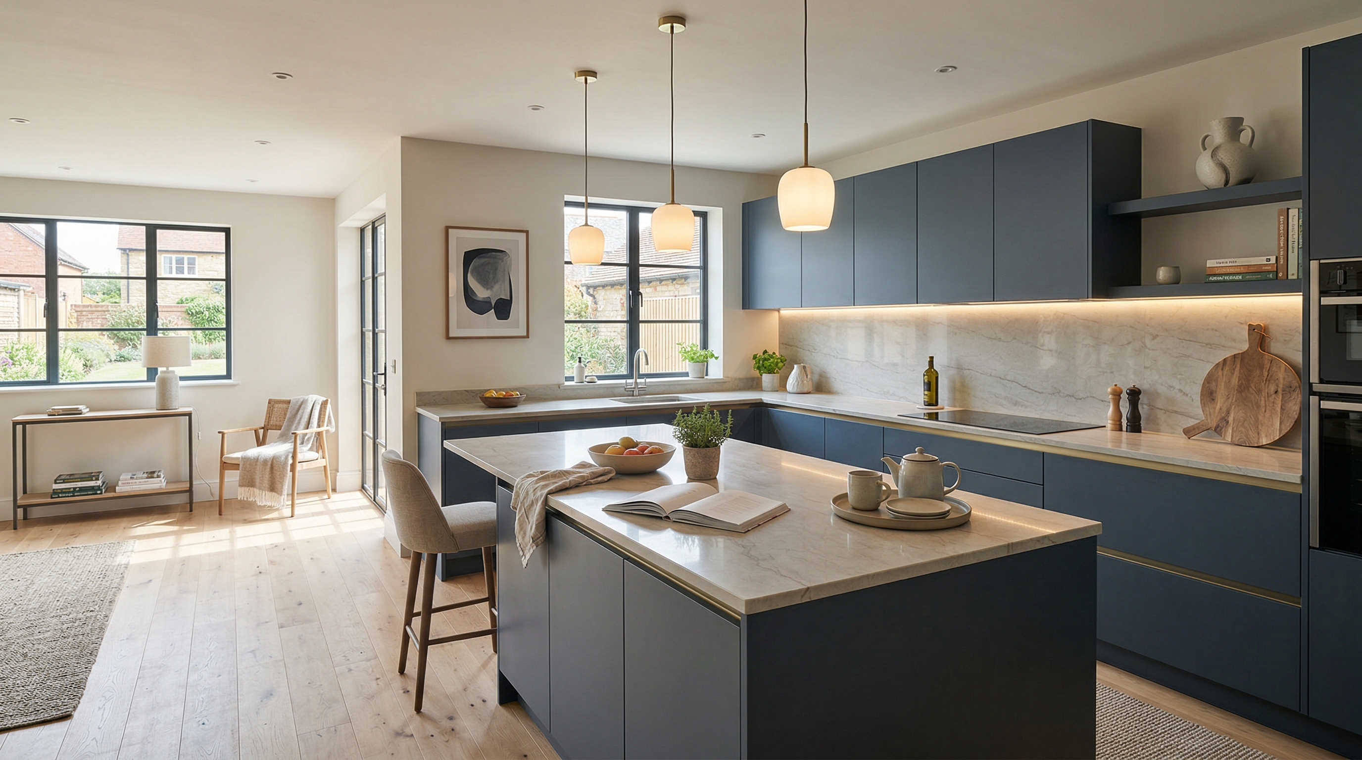 Wide view of a newly completed bespoke Mastercraft kitchen, matt painted handleless slab cabinetry in taupe grey tones