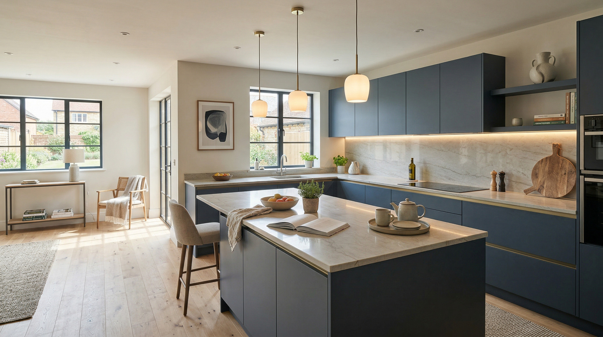 Wide view of a newly completed bespoke Mastercraft kitchen, matt painted handleless slab cabinetry in taupe grey tones