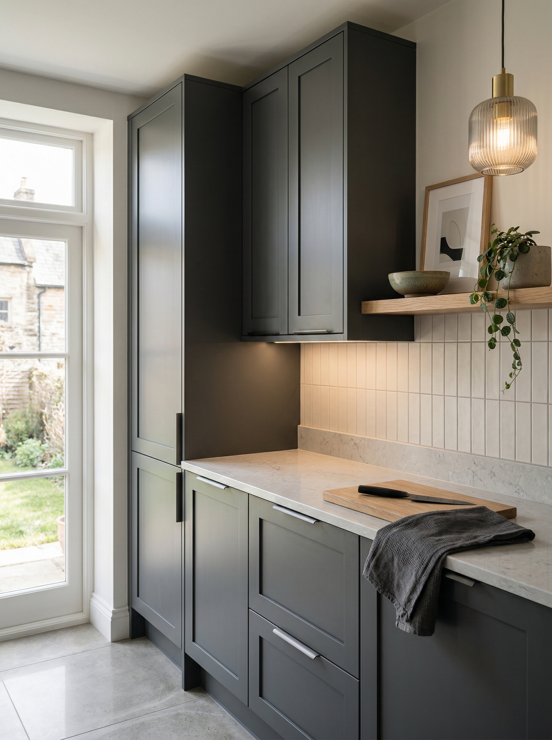 Tall view of full-height bespoke kitchen cabinetry, matt painted handleless slab cabinetry