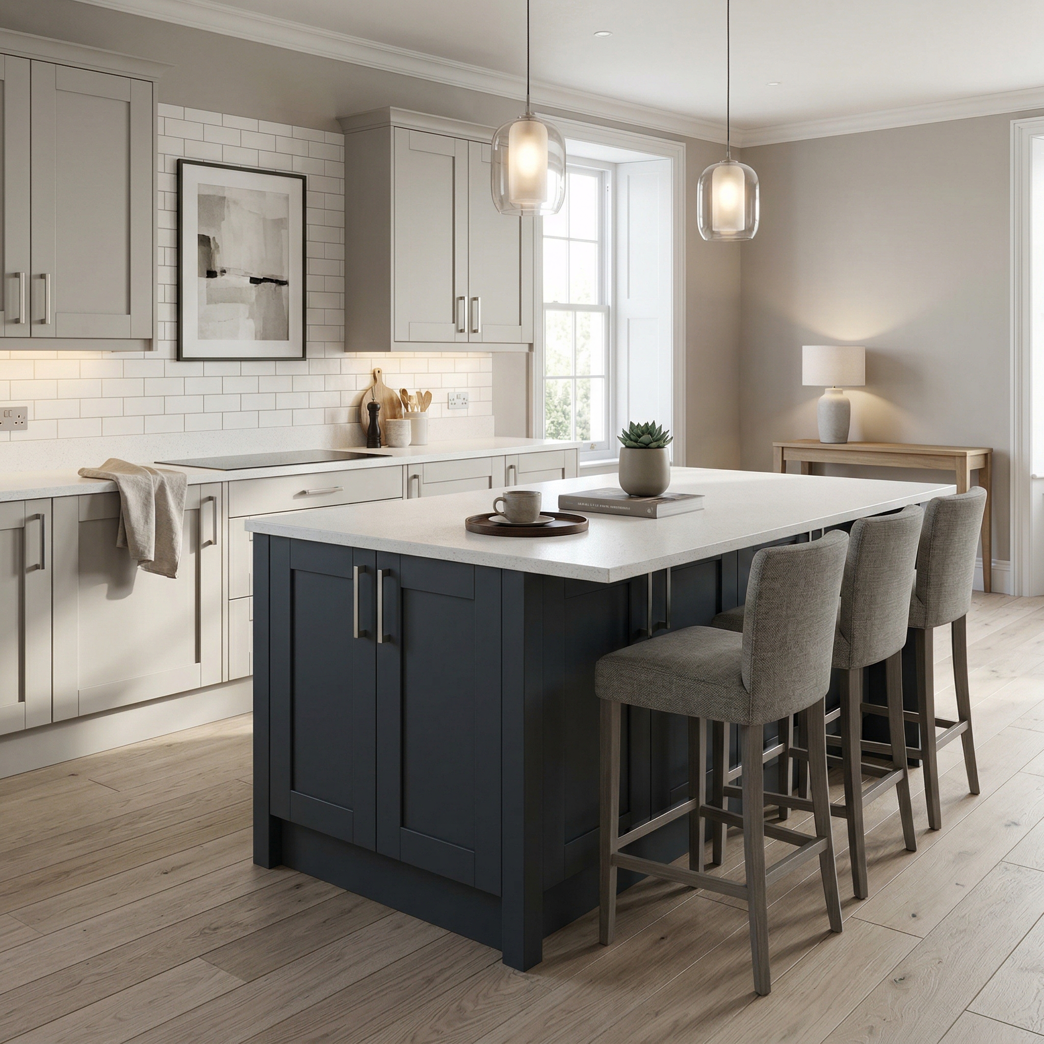 Bespoke kitchen island detail, matt painted handleless slab cabinetry with quality joinery