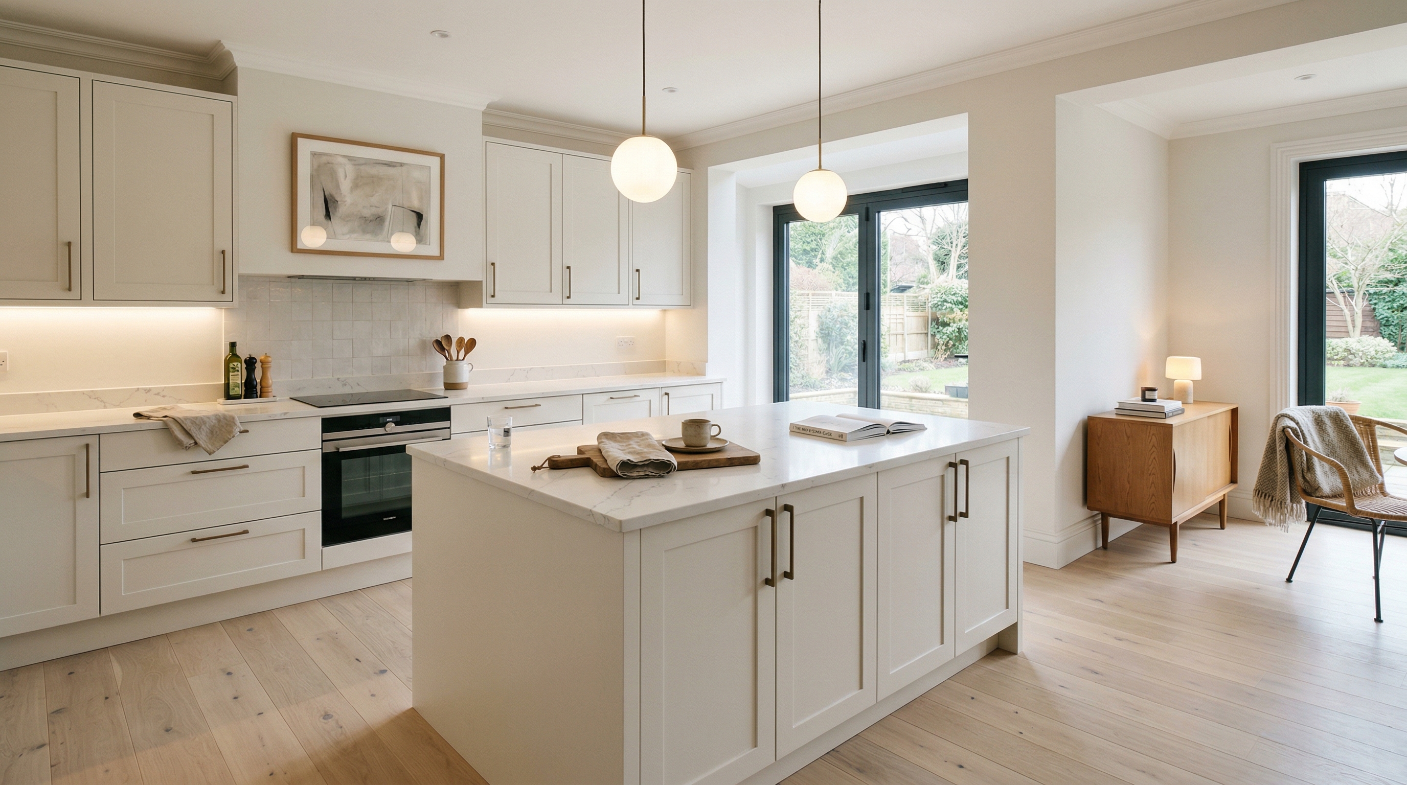 Mastercraft bespoke kitchen in Brighton, wide architectural view showing room volume and design quality