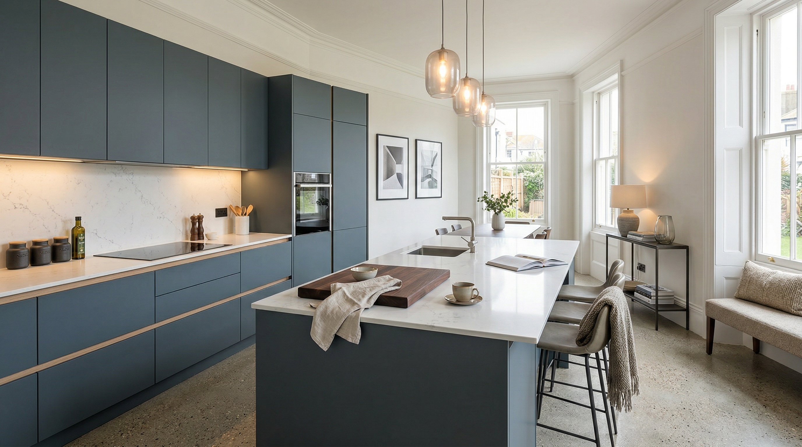 hero_1200x675 Wide view of a newly completed bespoke Mastercraft kitchen, contemporary in-frame cabinetry in light grey tones