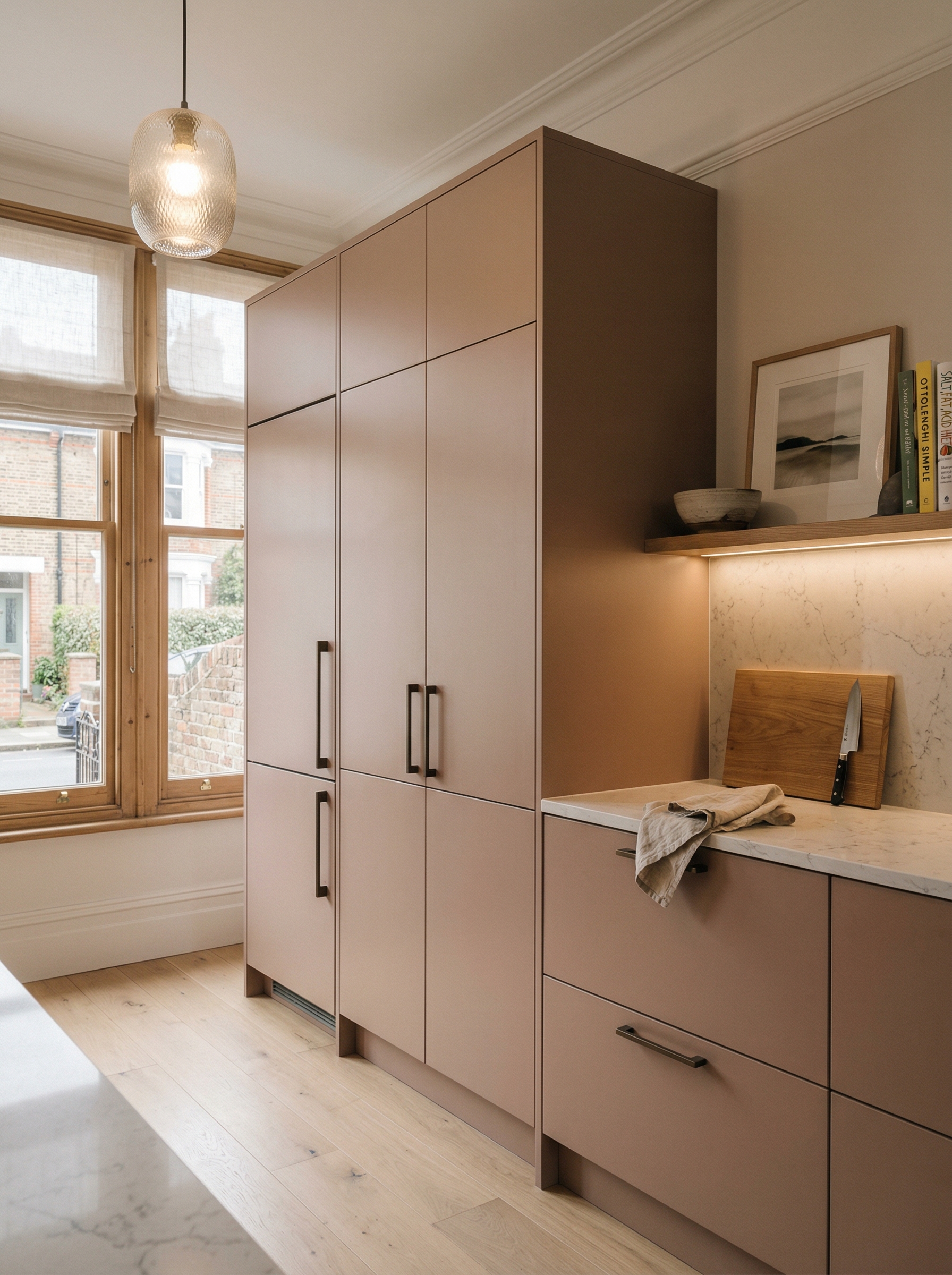Tall view of full-height bespoke kitchen cabinetry, contemporary in-frame cabinetry