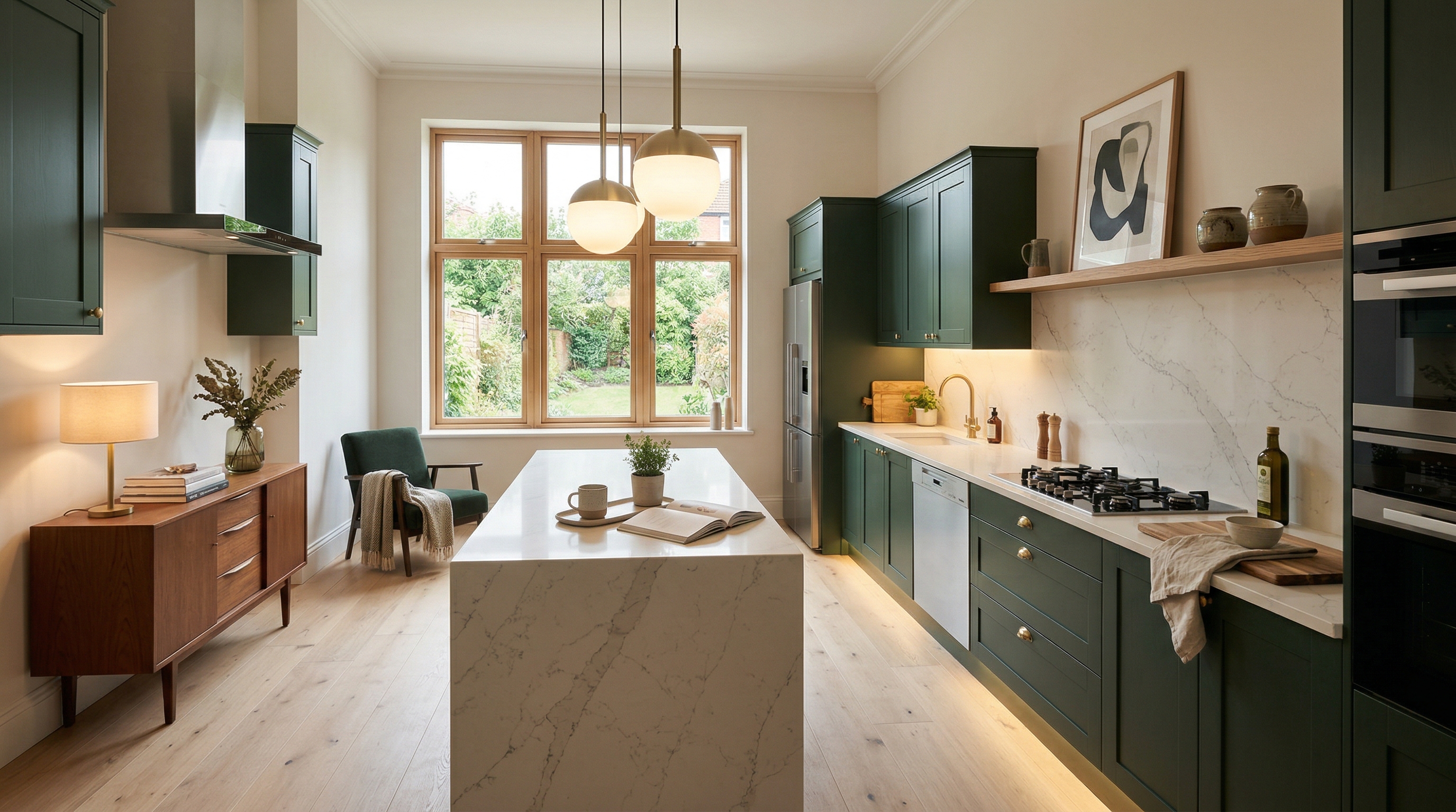 Wide view of a newly completed bespoke Mastercraft kitchen, contemporary painted lay-on cabinetry in dust grey tones