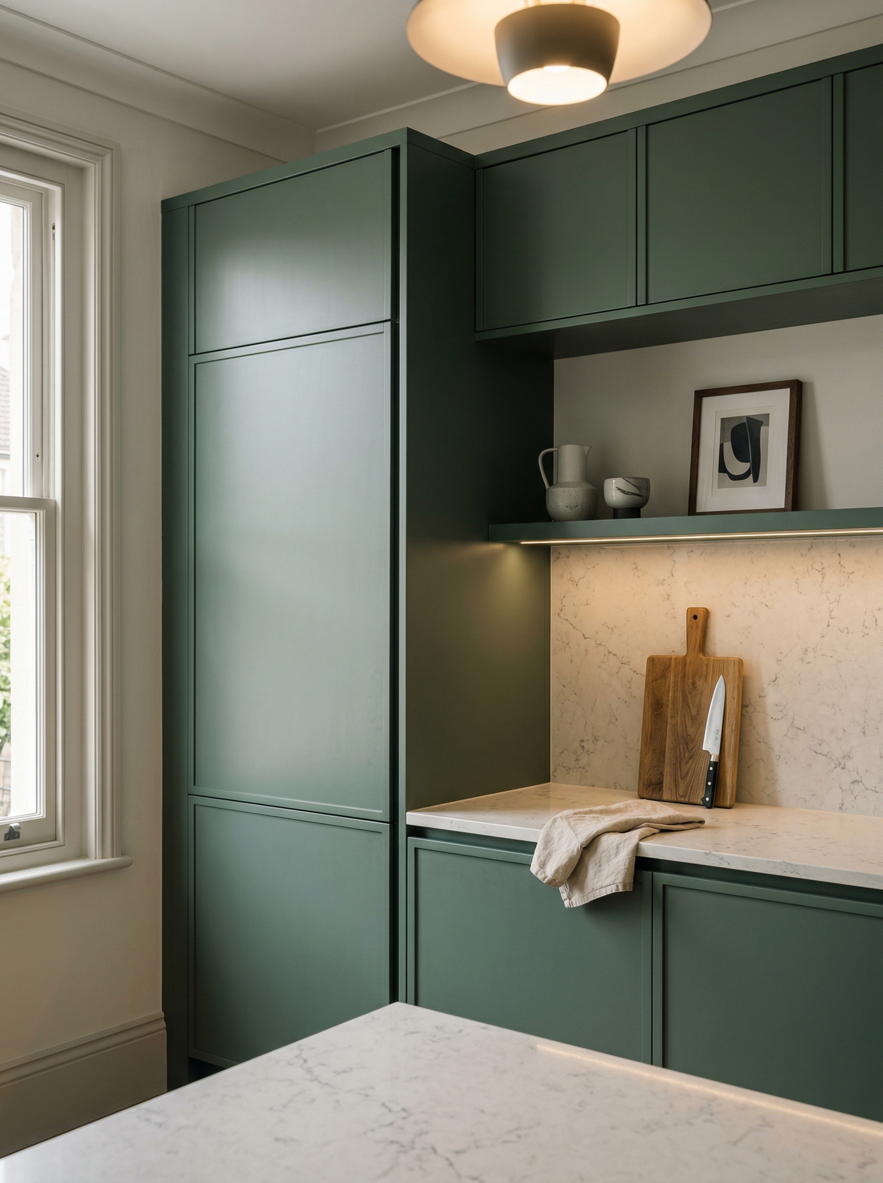 Tall view of full-height bespoke kitchen cabinetry, contemporary painted lay-on cabinetry