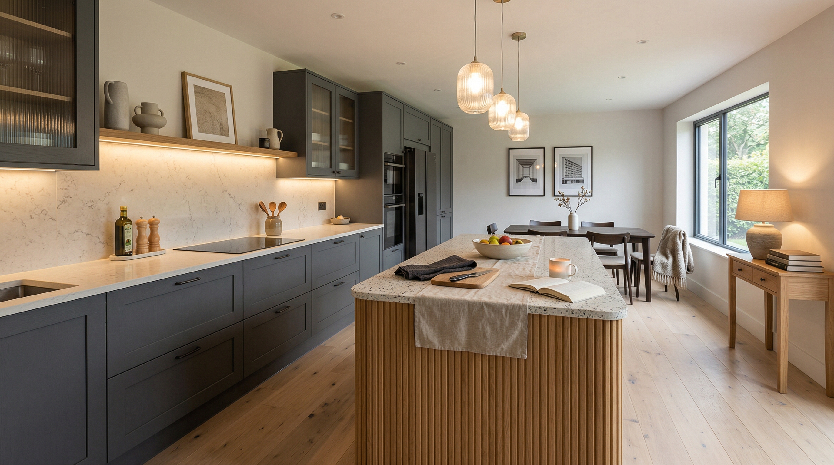 Mastercraft bespoke kitchen in Briton Ferry, wide architectural view showing room volume and design quality
