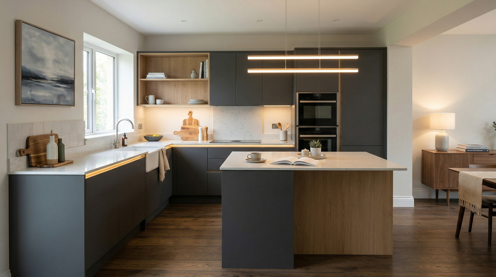 Wide view of a newly completed bespoke Mastercraft kitchen, matt painted handleless slab cabinetry in reed green tones