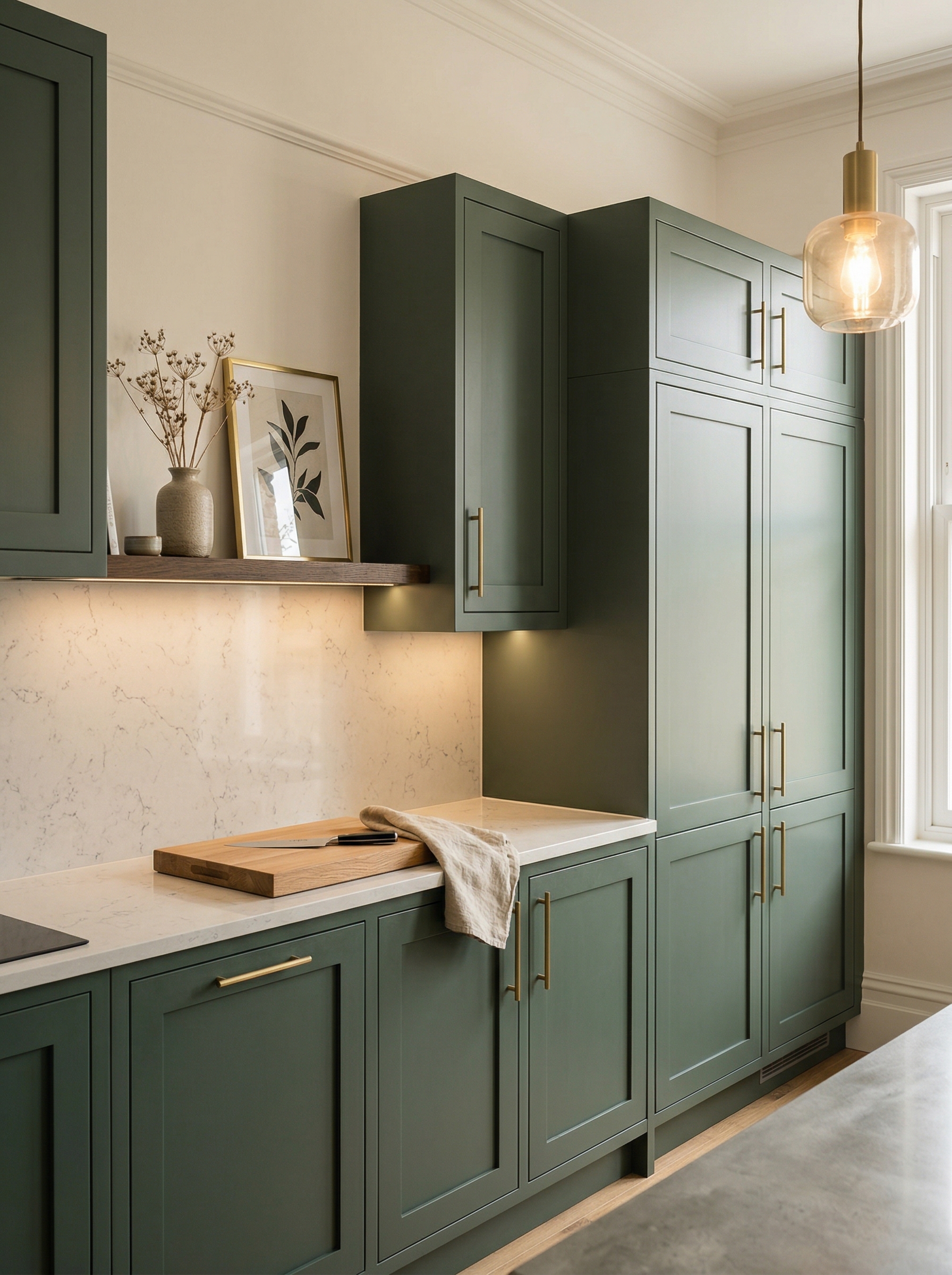 Tall view of full-height bespoke kitchen cabinetry, matt painted handleless slab cabinetry
